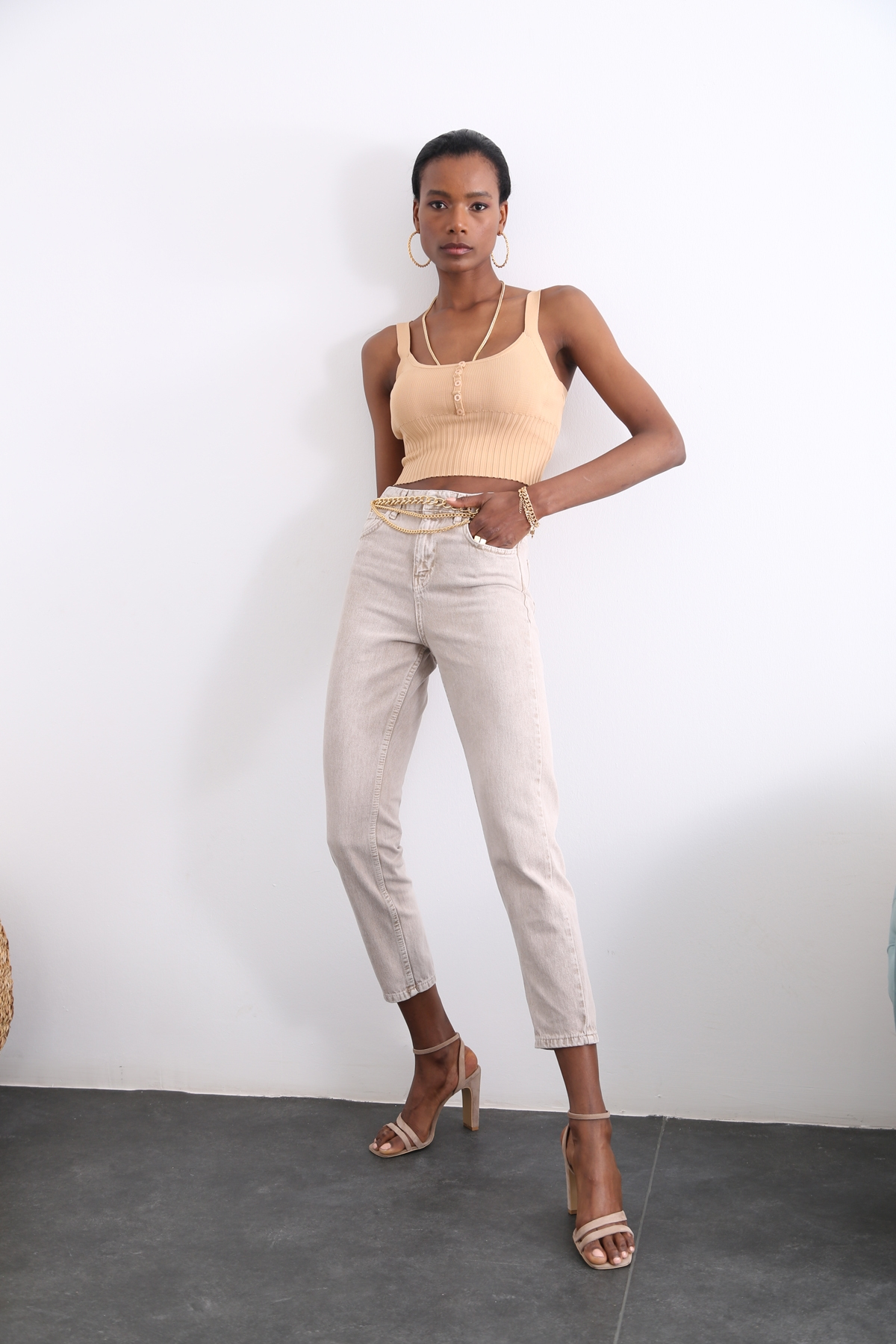 Açık Vizon Yüksek Bel Mom Jean 50281