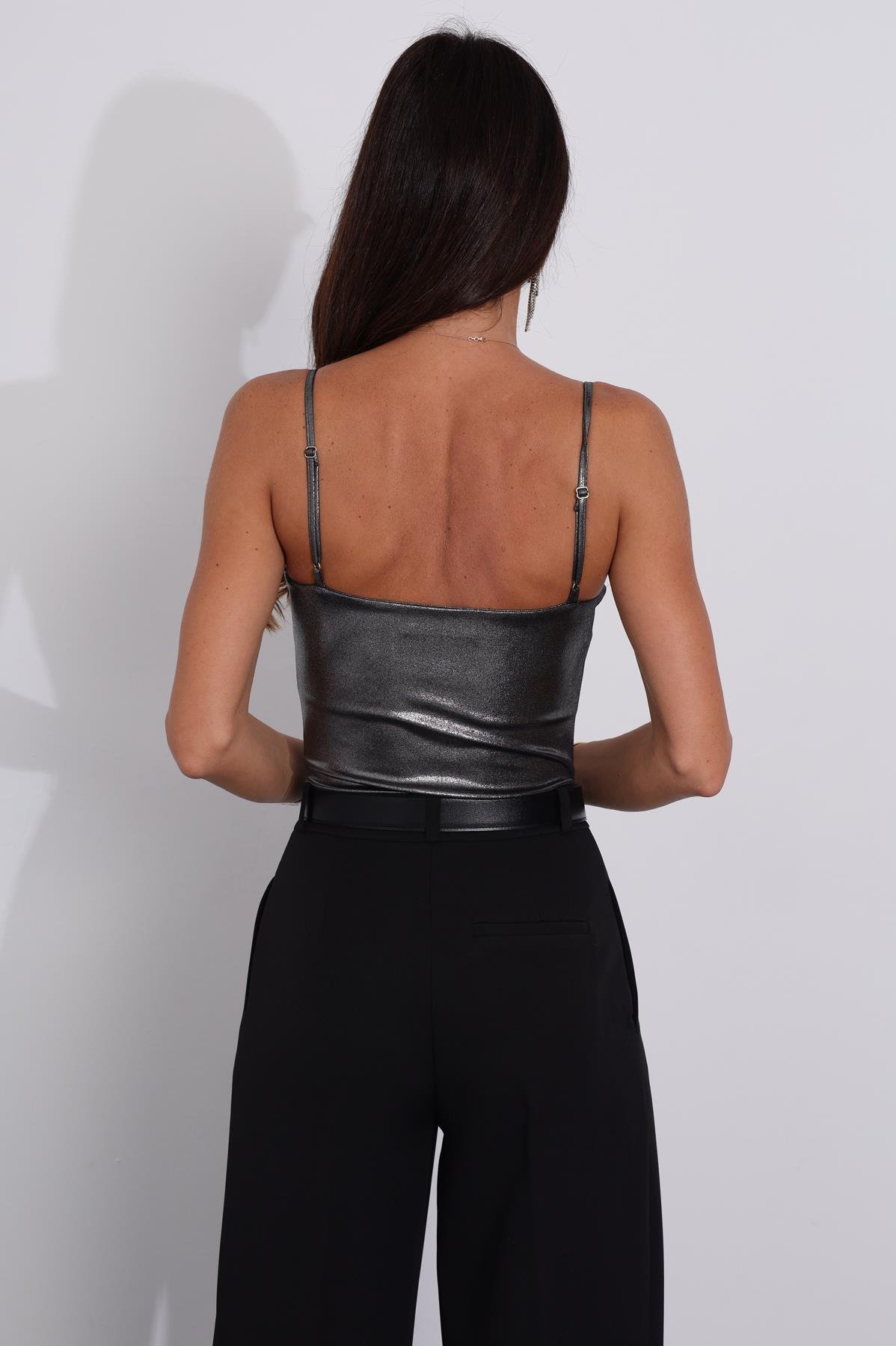 Antrasit Ayarlanabilir Askılı Parlak Bodysuit 3311