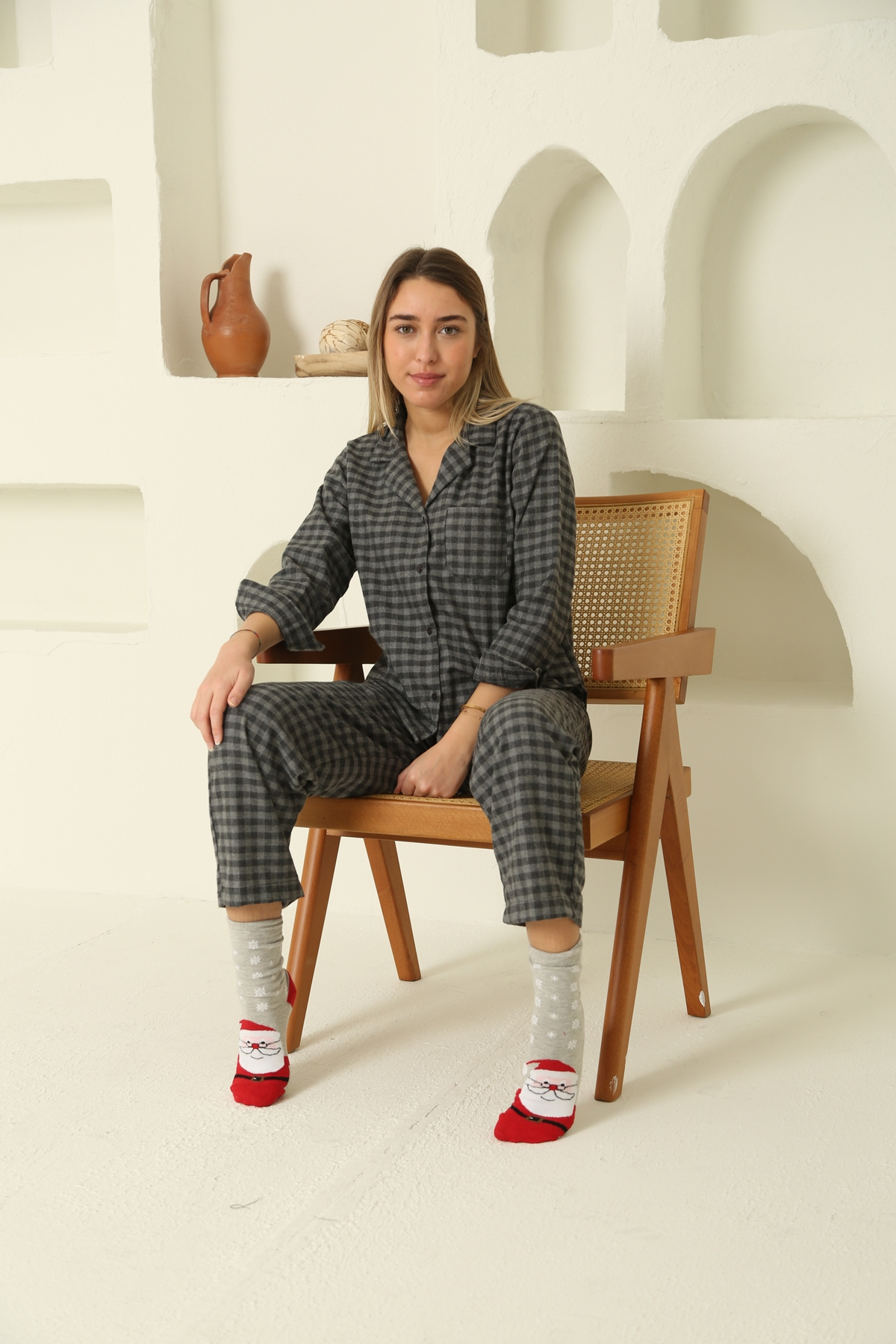 Antrasit Ekoseli Poplin Pijama Takım 8134