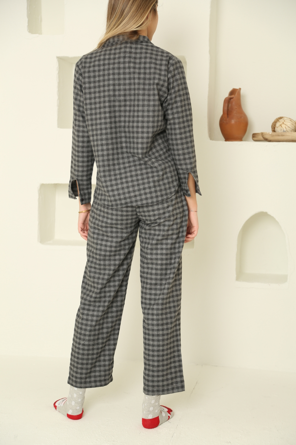 Antrasit Ekoseli Poplin Pijama Takım 8134