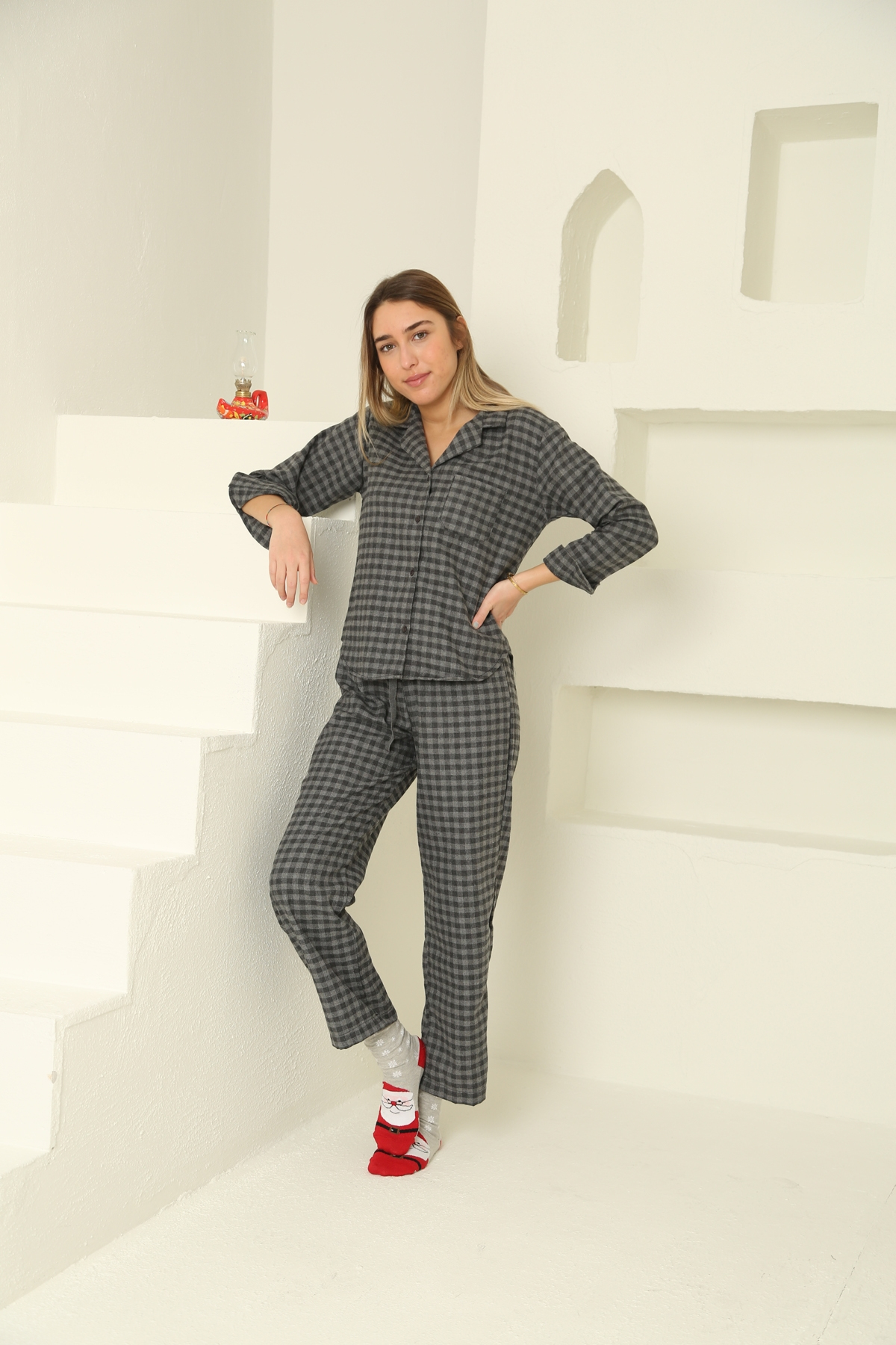 Antrasit Ekoseli Poplin Pijama Takım 8134