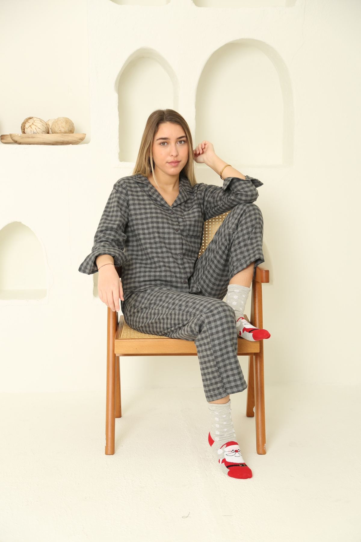 Antrasit Ekoseli Poplin Pijama Takım 8134