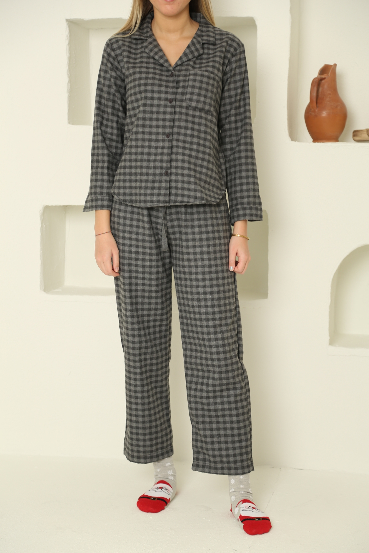 Antrasit Ekoseli Poplin Pijama Takım 8134