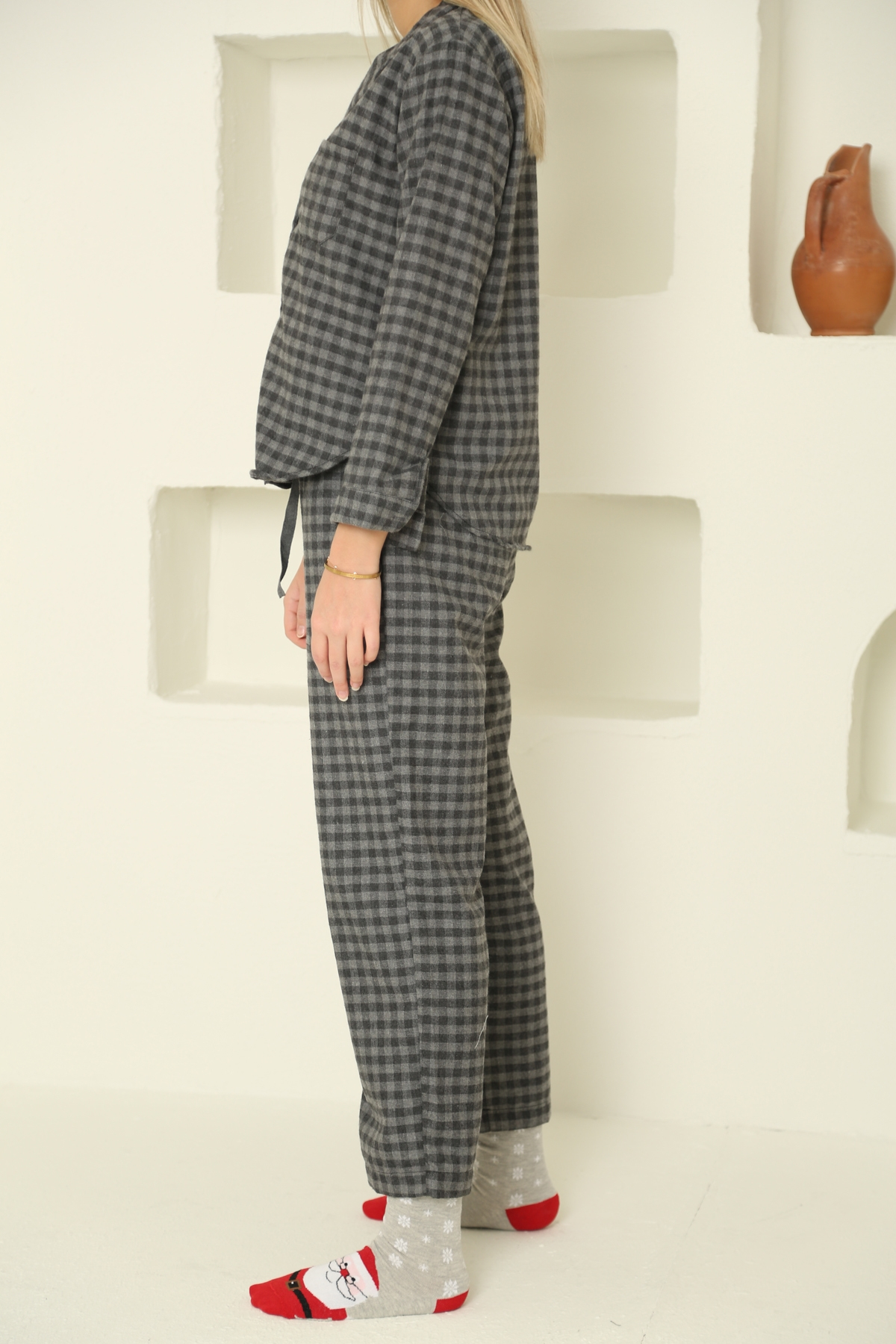 Antrasit Ekoseli Poplin Pijama Takım 8134