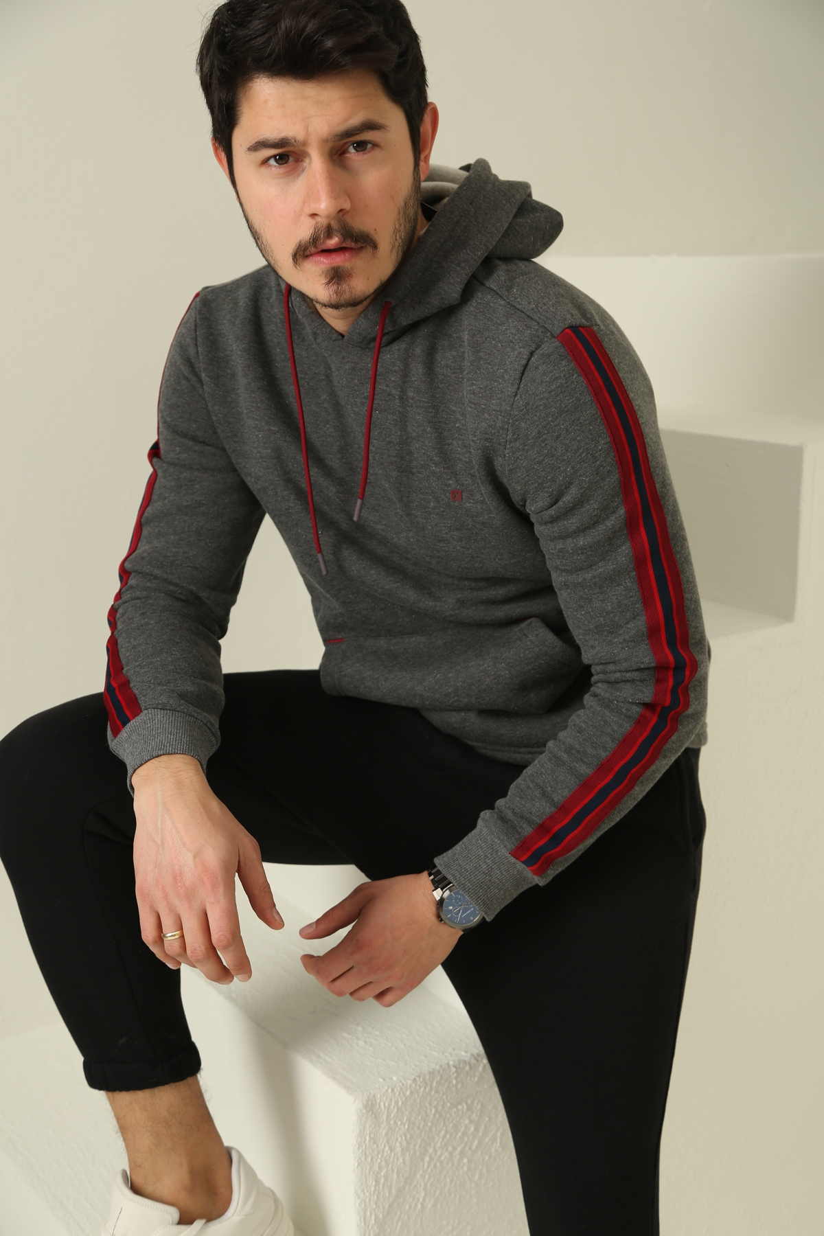 Antrasit Erkek Şerit Detaylı Şardonlu Sweatshirt 2117