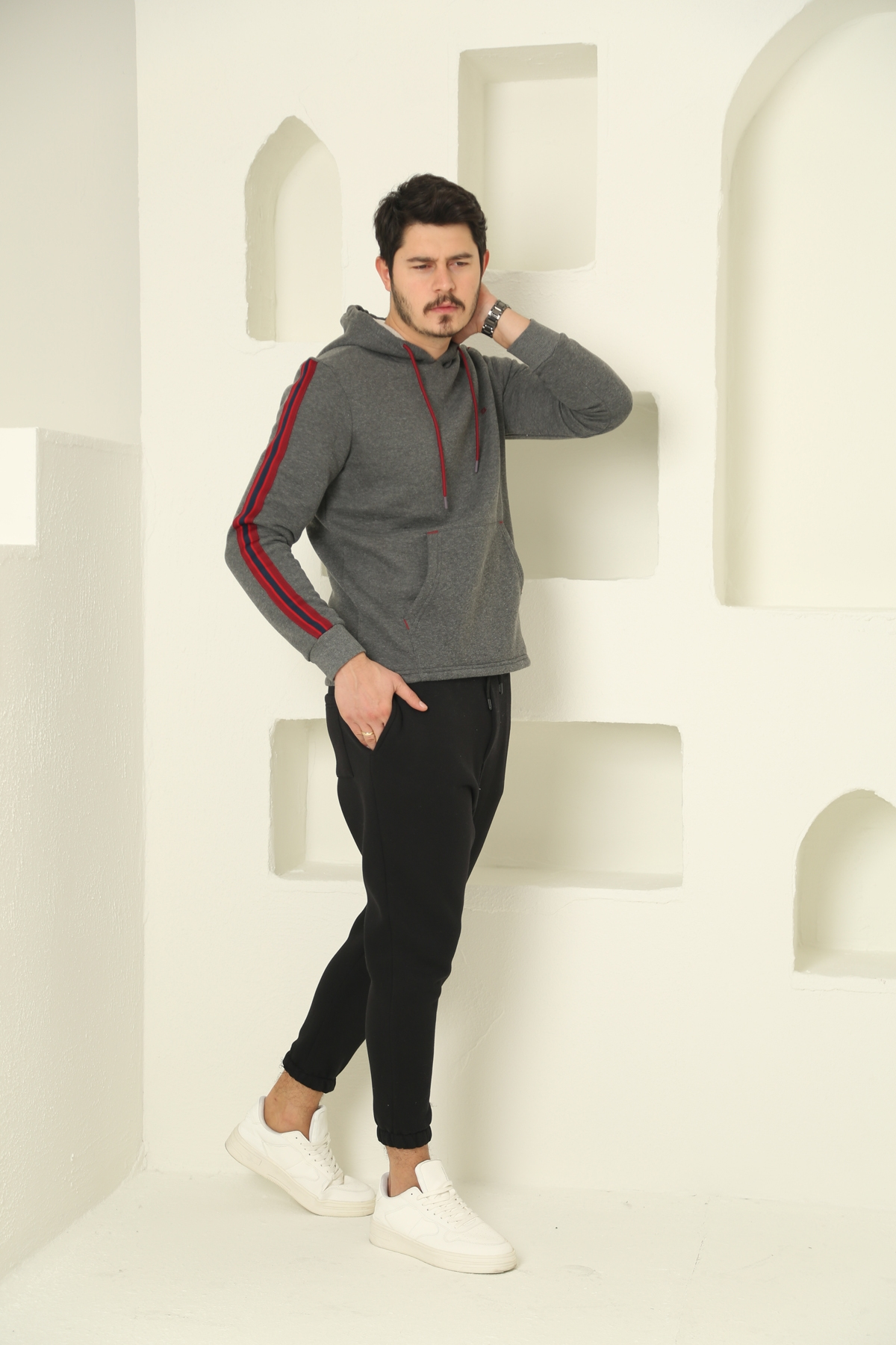 Antrasit Erkek Şerit Detaylı Şardonlu Sweatshirt 2117