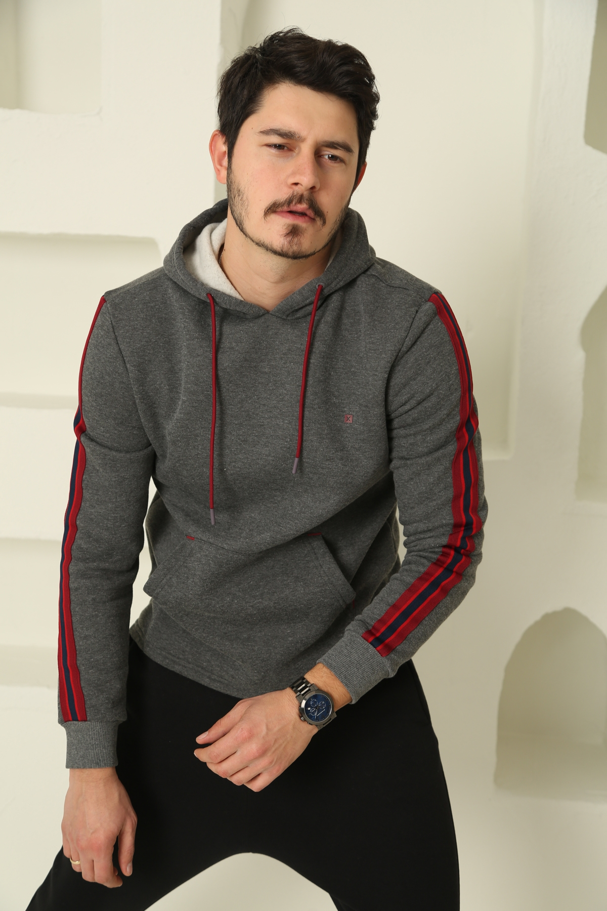 Antrasit Erkek Şerit Detaylı Şardonlu Sweatshirt 2117