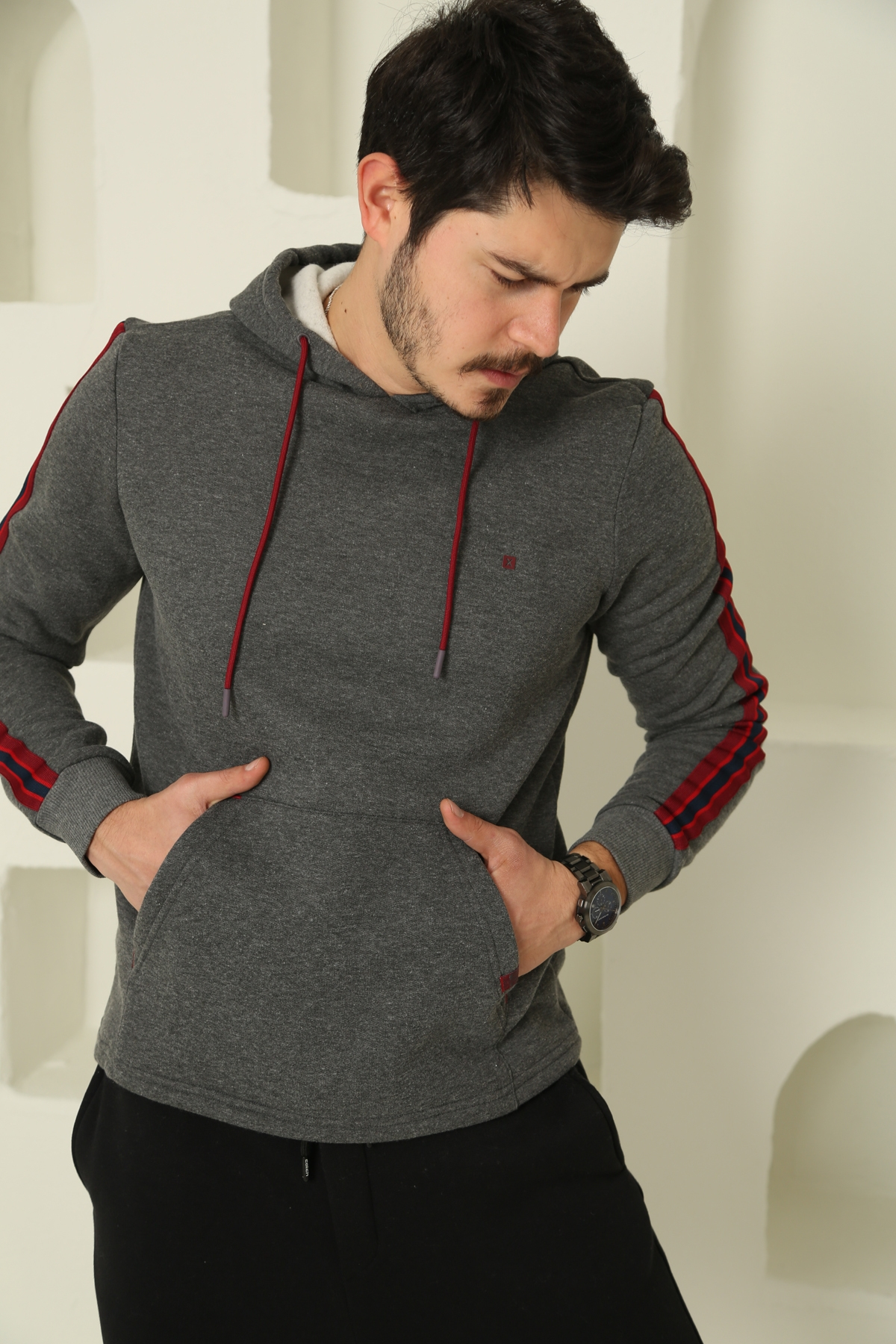 Antrasit Erkek Şerit Detaylı Şardonlu Sweatshirt 2117