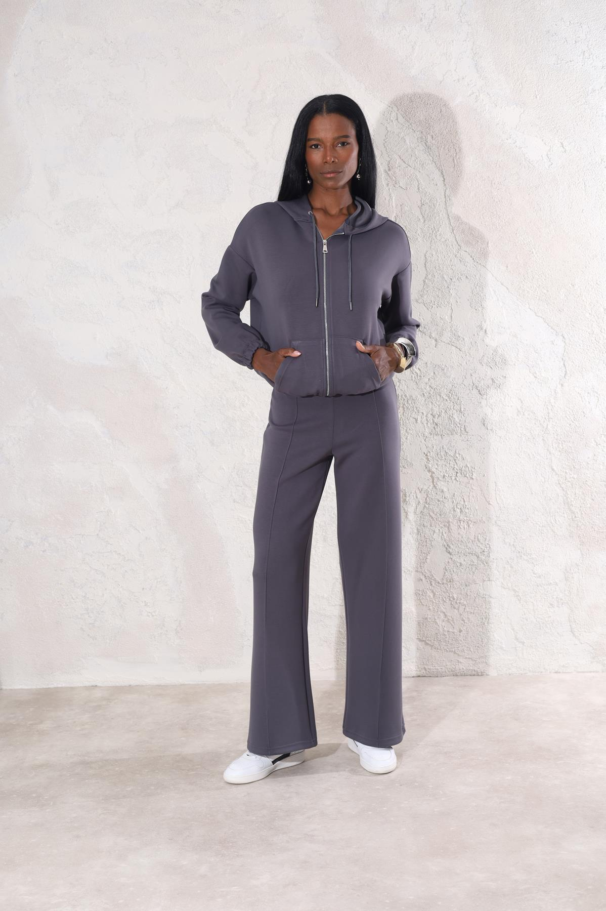 Antrasit Fermuarlı Sweatshirt Çimalı Eşofman Takım 