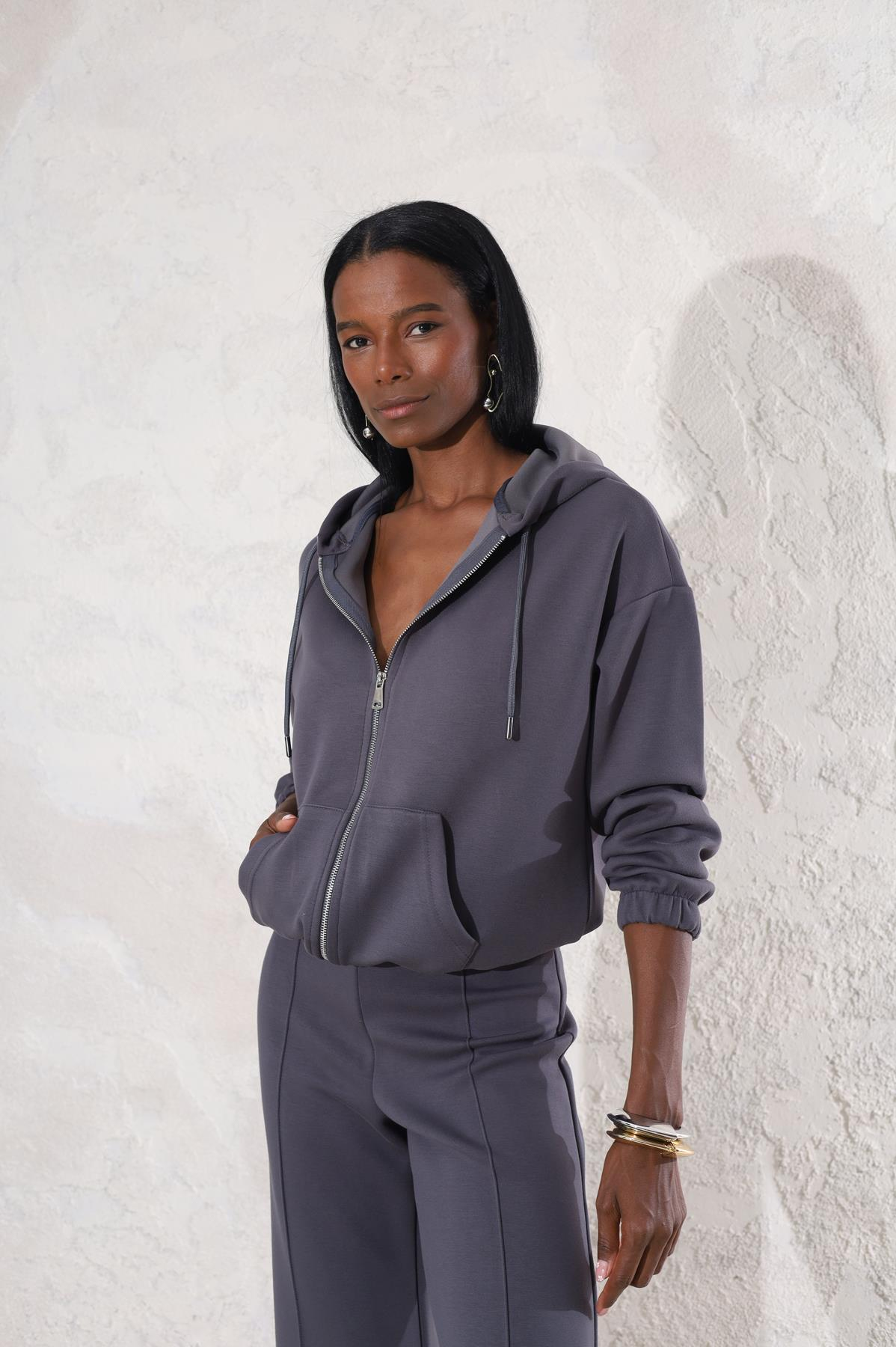 Antrasit Fermuarlı Sweatshirt Çimalı Eşofman Takım 