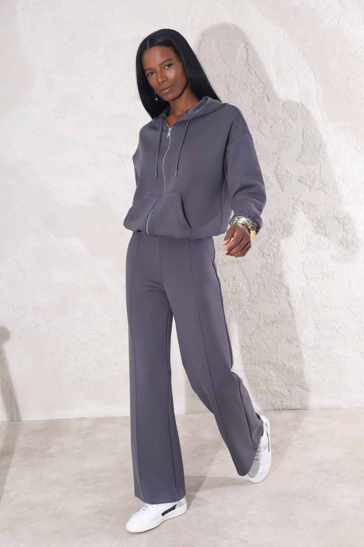 Antrasit Fermuarlı Sweatshirt Çimalı Eşofman Takım 