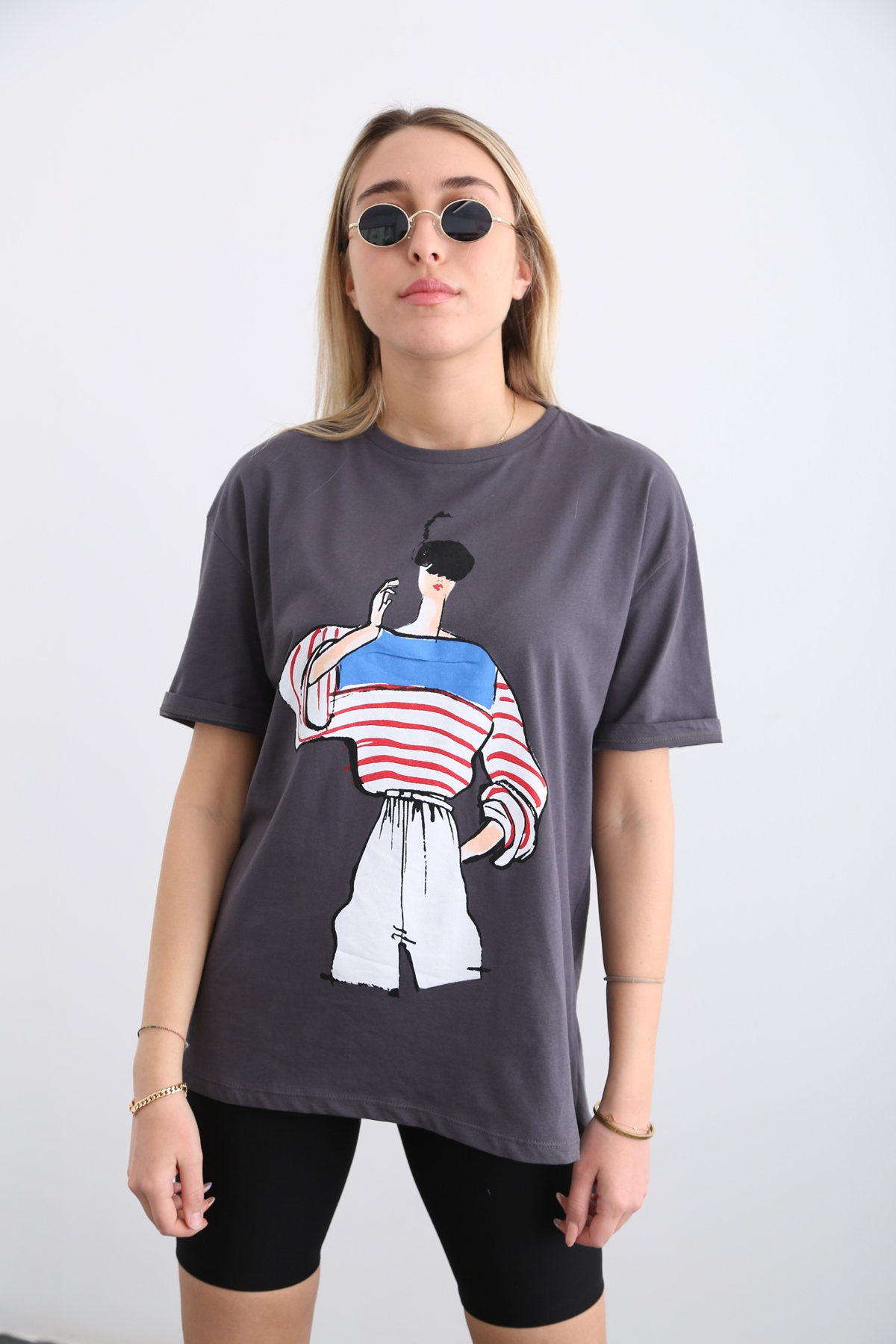 Antrasit Kadın Baskılı Tshirt 7664