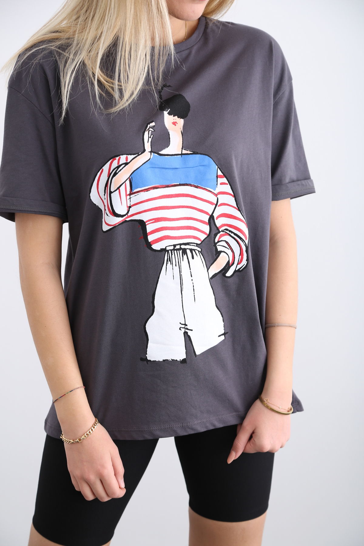 Antrasit Kadın Baskılı Tshirt 7664