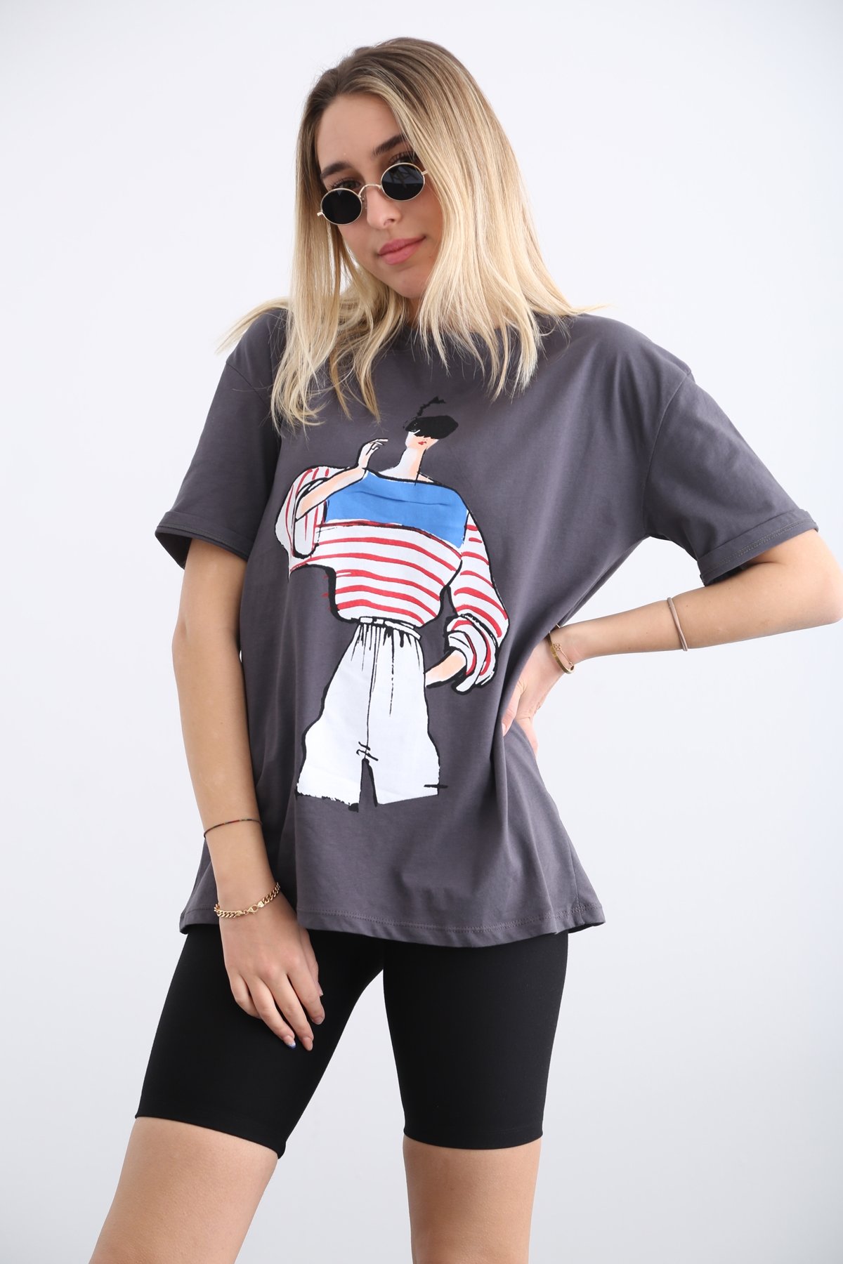 Antrasit Kadın Baskılı Tshirt 7664