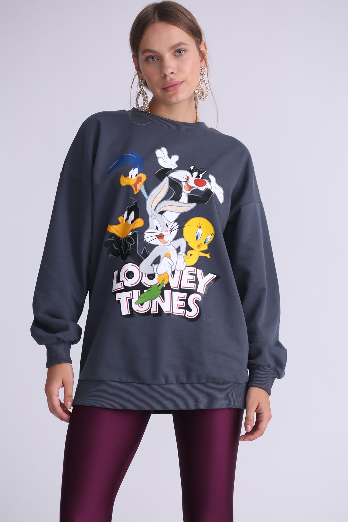 Antrasit Looney Tunes Baskılı Şardonlu Sweatshirt 