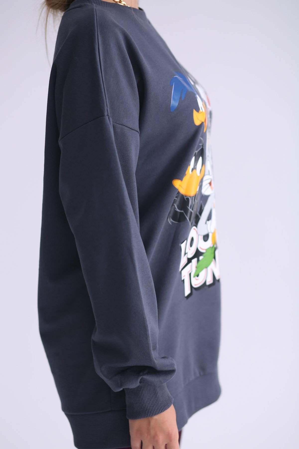 Antrasit Looney Tunes Baskılı Şardonlu Sweatshirt 