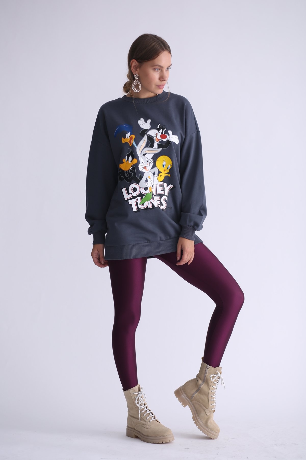 Antrasit Looney Tunes Baskılı Şardonlu Sweatshirt 
