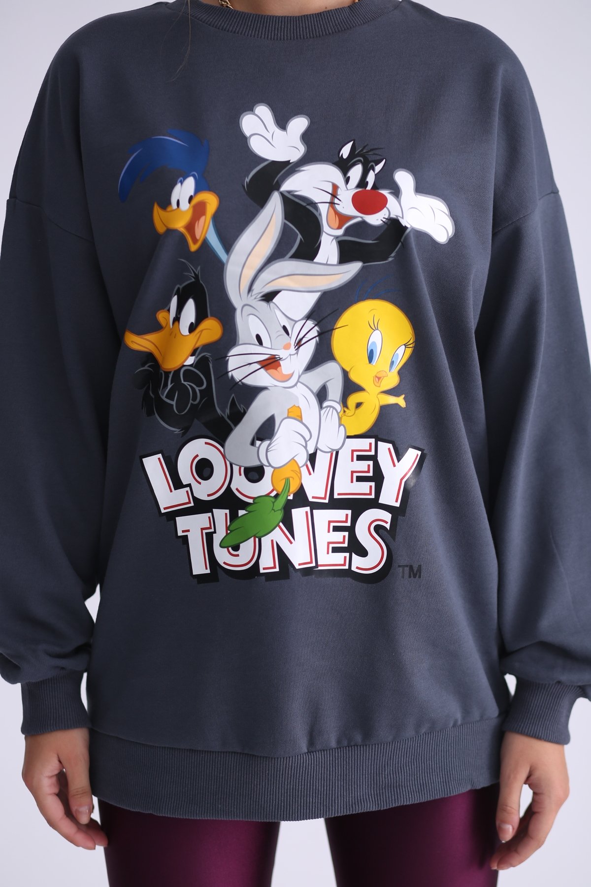 Antrasit Looney Tunes Baskılı Şardonlu Sweatshirt 