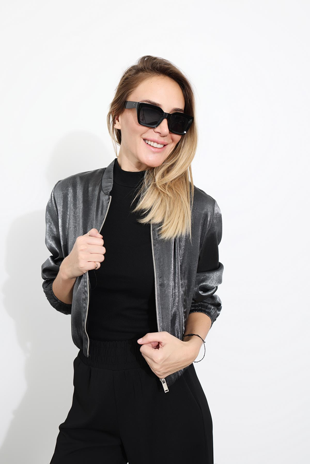 Antrasit Parlak Kumaş Bomber Ceket 23402