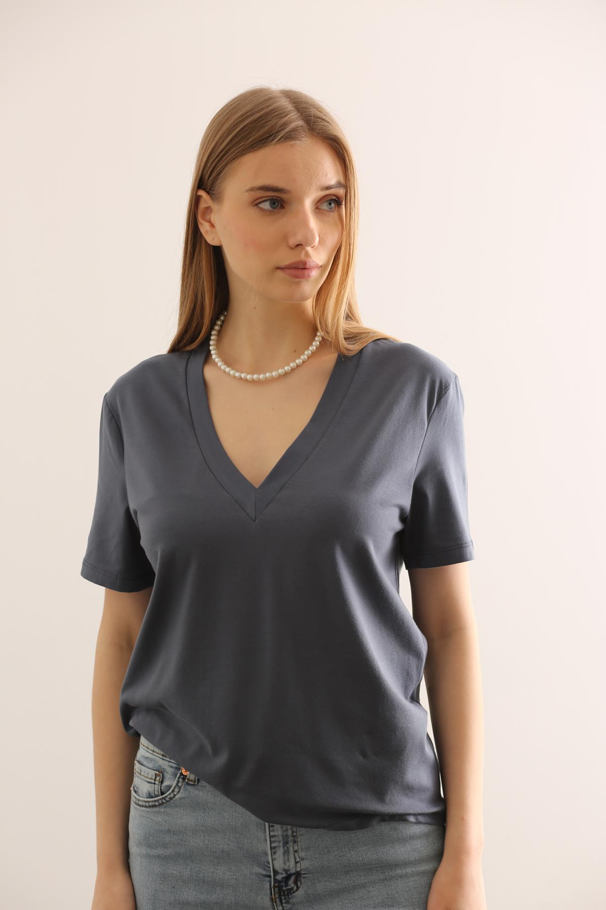 Antrasit V Yaka Basic Tshirt 