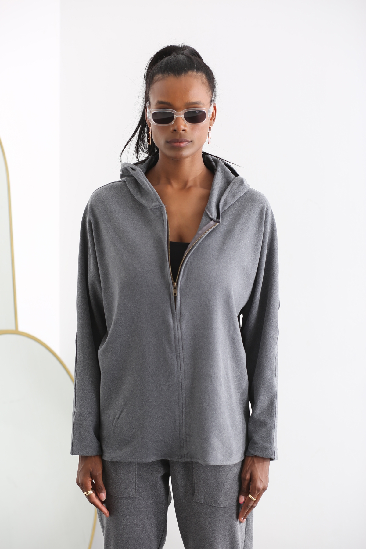 Antrasit Yarım Fermuarlı Polar Sweatshirt 26605