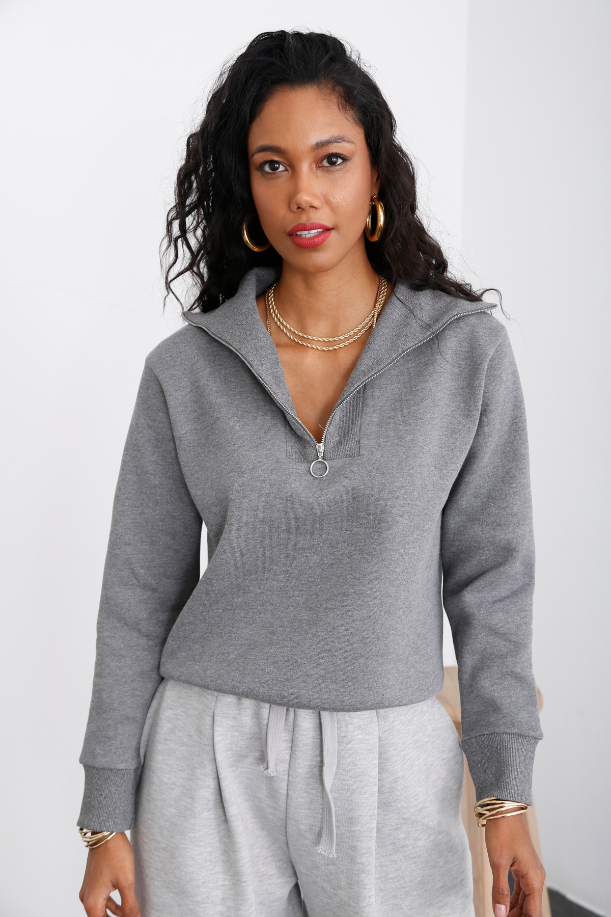 Antrasit Yarım Fermuarlı Şardonlu Sweatshirt 