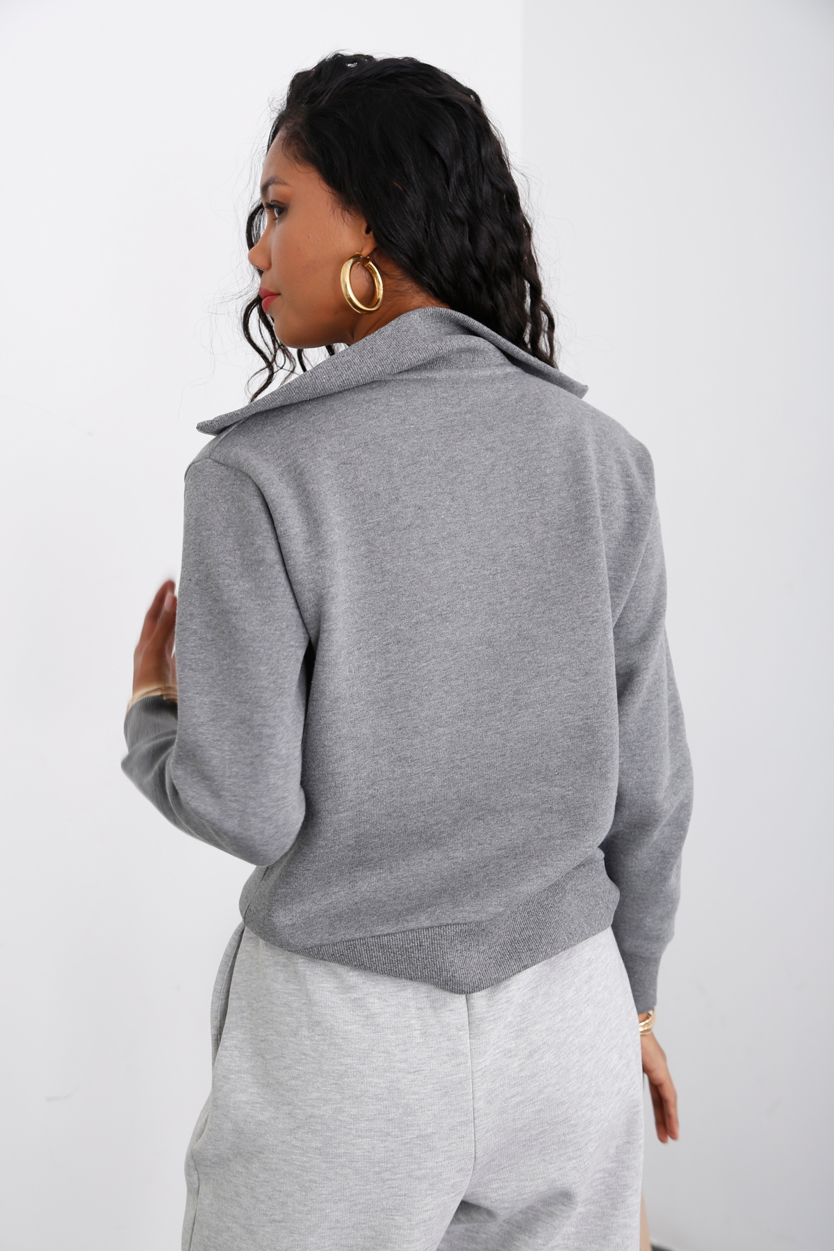 Antrasit Yarım Fermuarlı Şardonlu Sweatshirt 