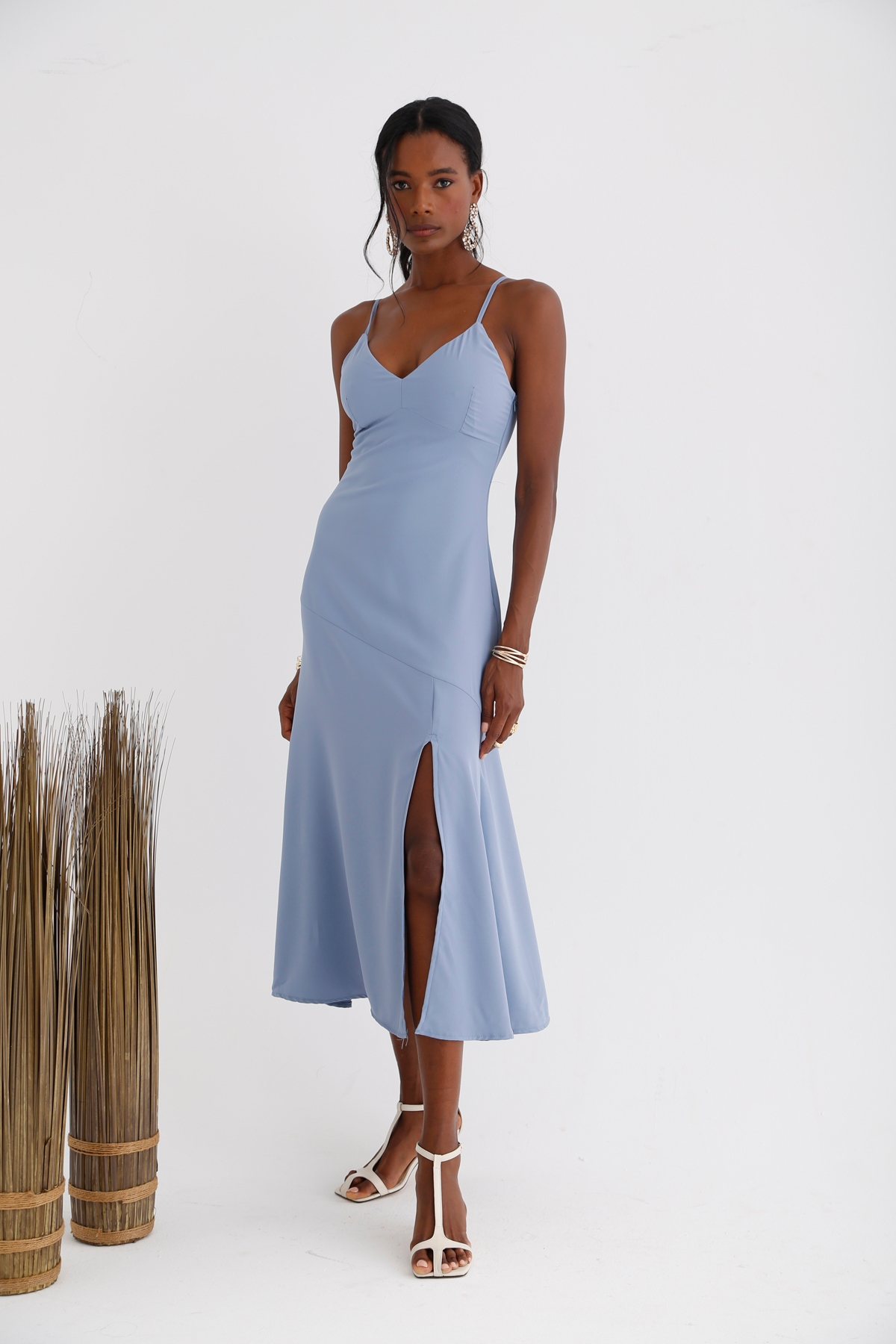 Bebe Mavi Askılı Yırtmaçlı Elbise 10342