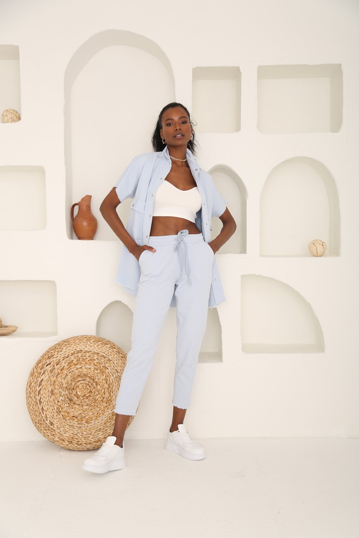 Bebe Mavi Beli Lastikli Gabardin Pantolon 00104