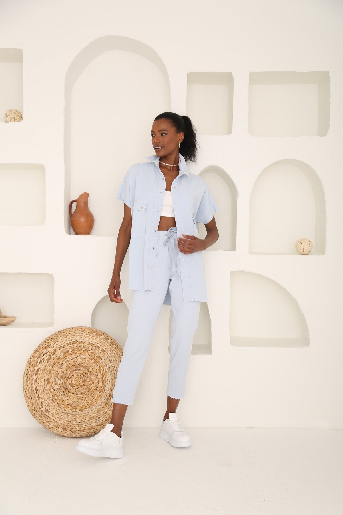 Bebe Mavi Beli Lastikli Gabardin Pantolon 00104