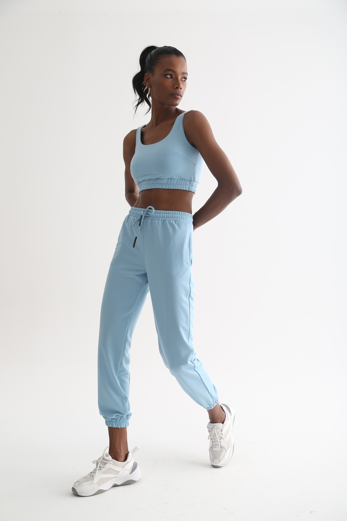 Bebe Mavi Lastik Detaylı Crop Takım 30011