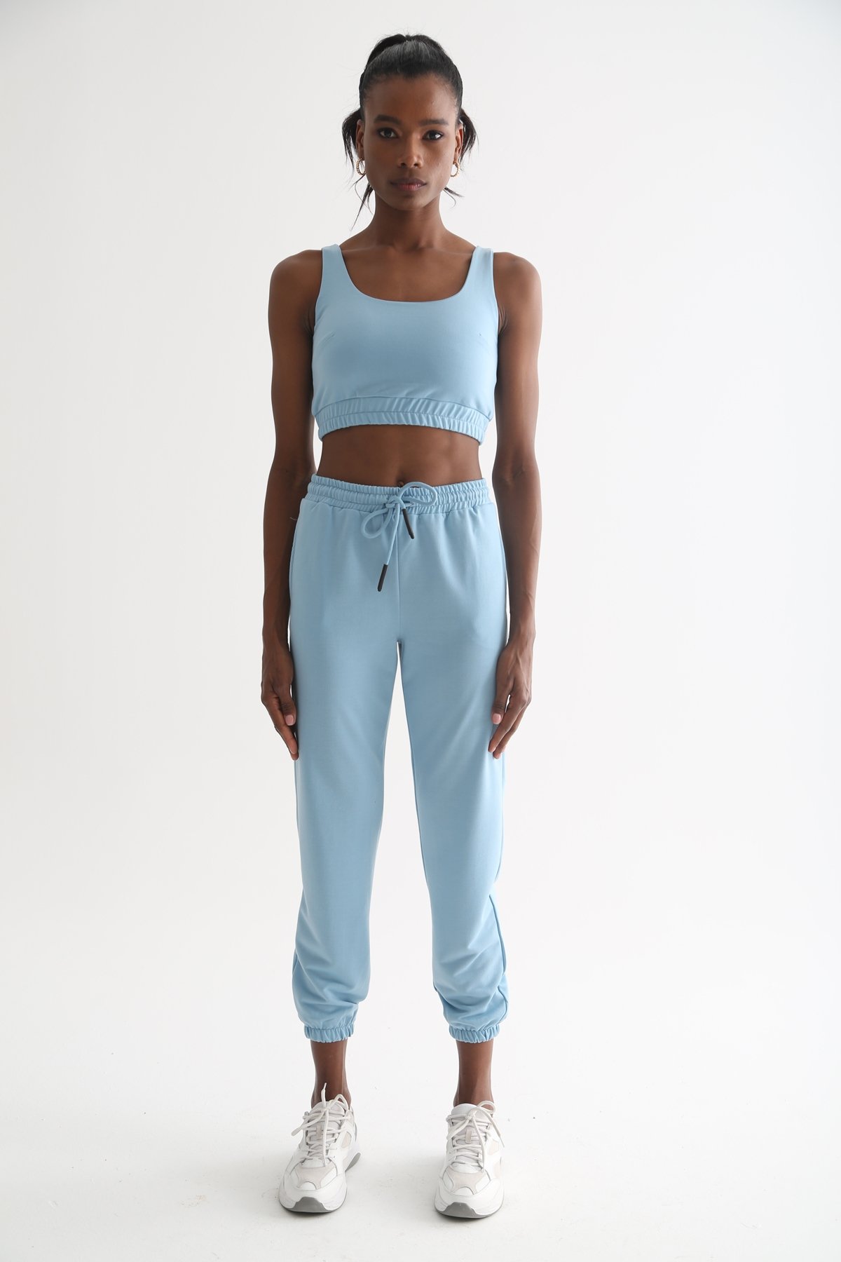 Bebe Mavi Lastik Detaylı Crop Takım 30011