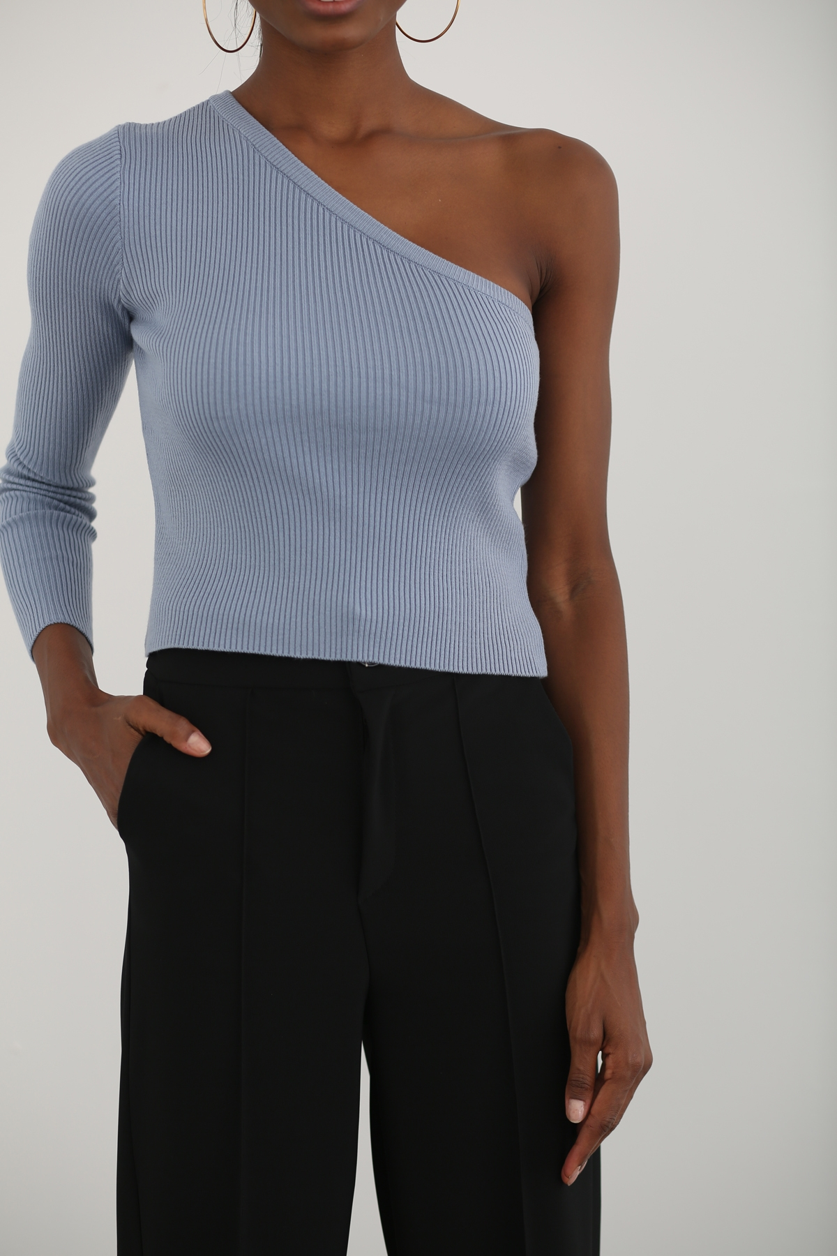 Bebe Mavi Tek Kol Triko Crop T92103