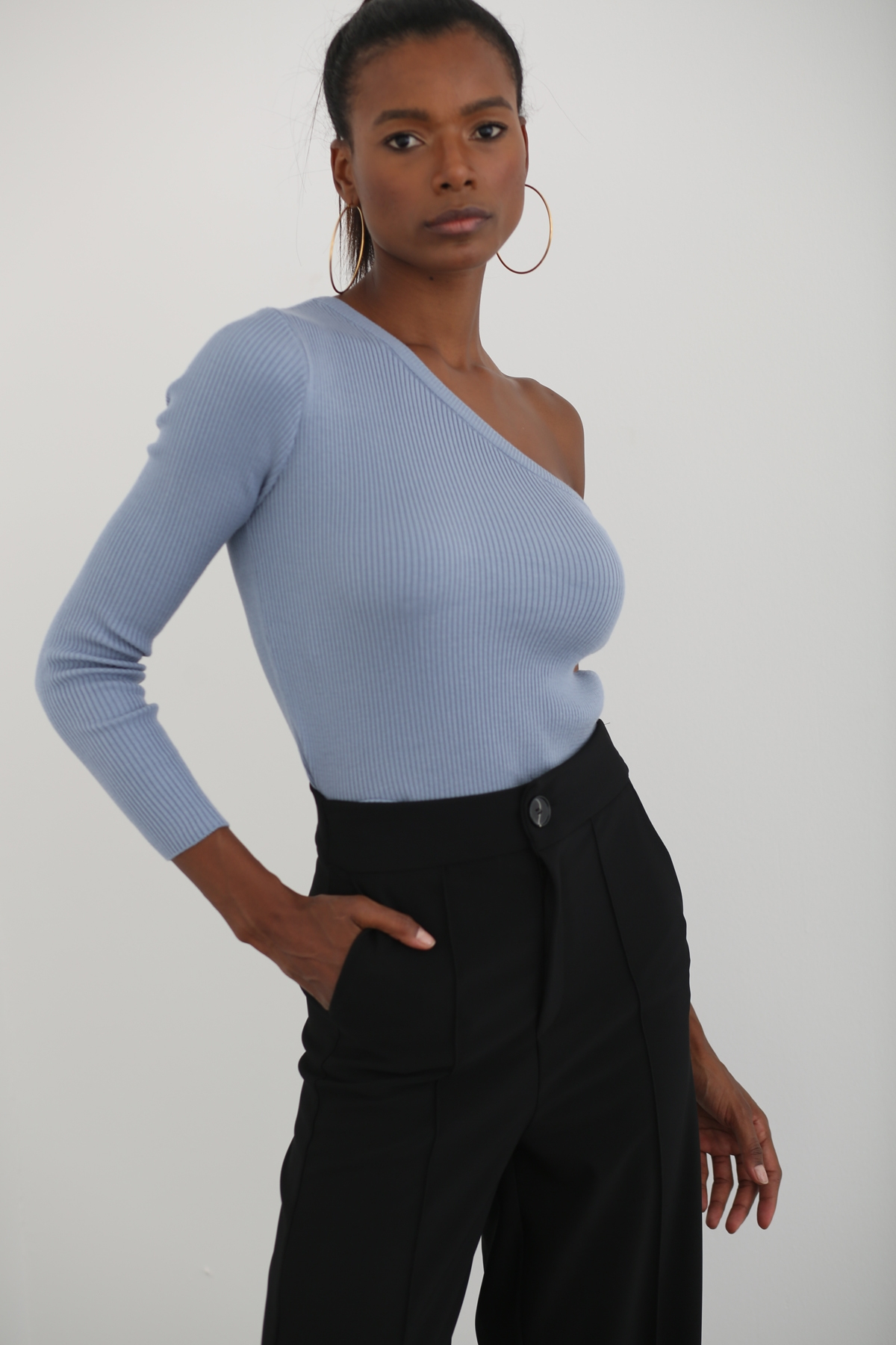 Bebe Mavi Tek Kol Triko Crop T92103