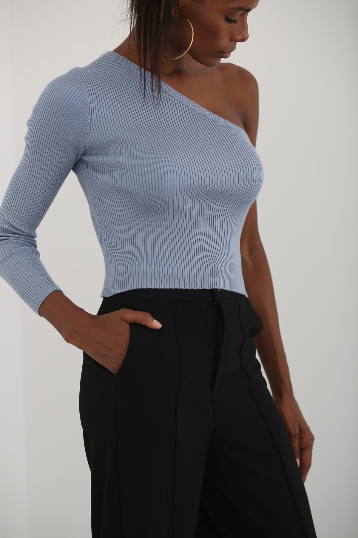 Bebe Mavi Tek Kol Triko Crop T92103