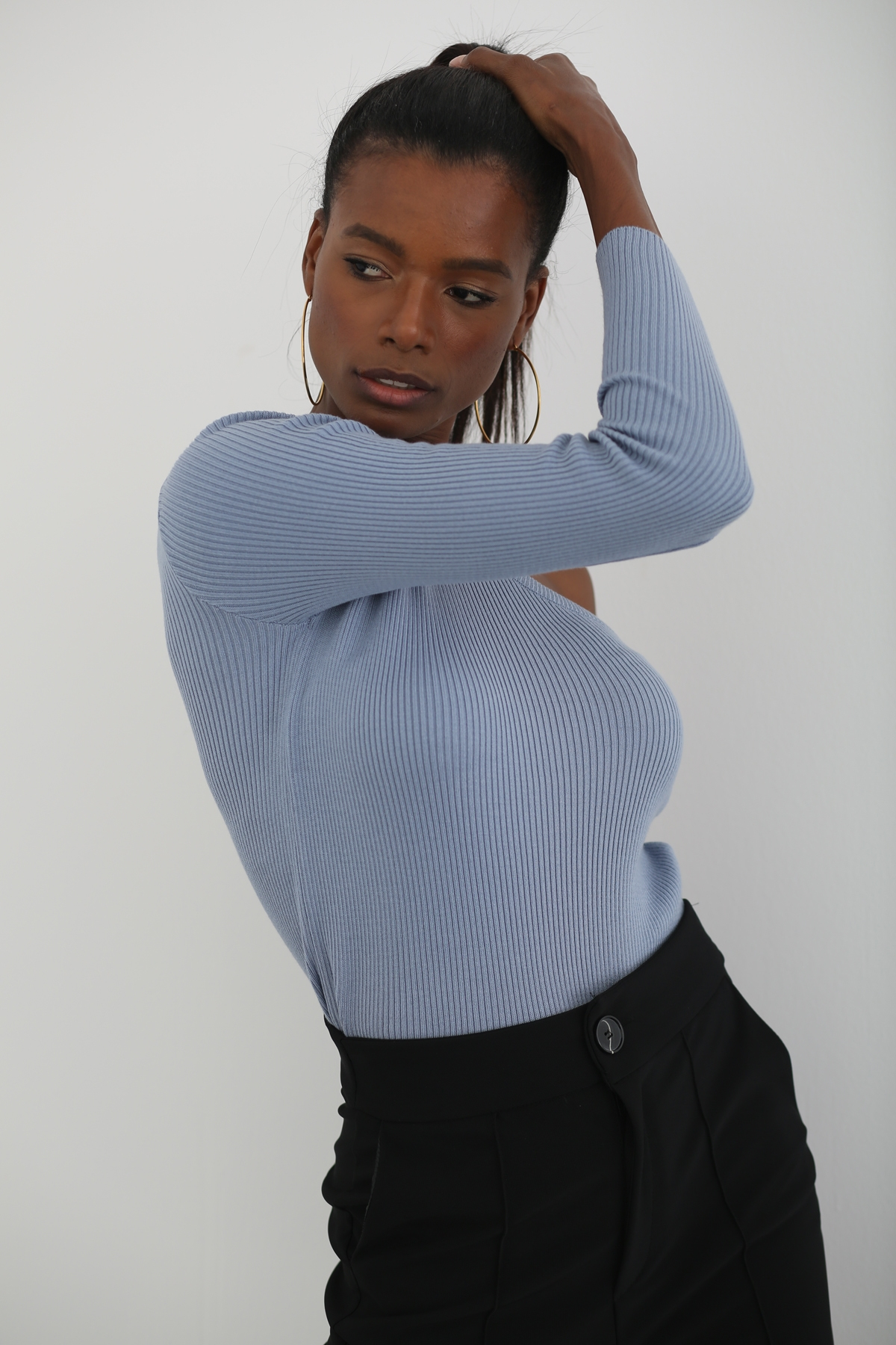 Bebe Mavi Tek Kol Triko Crop T92103