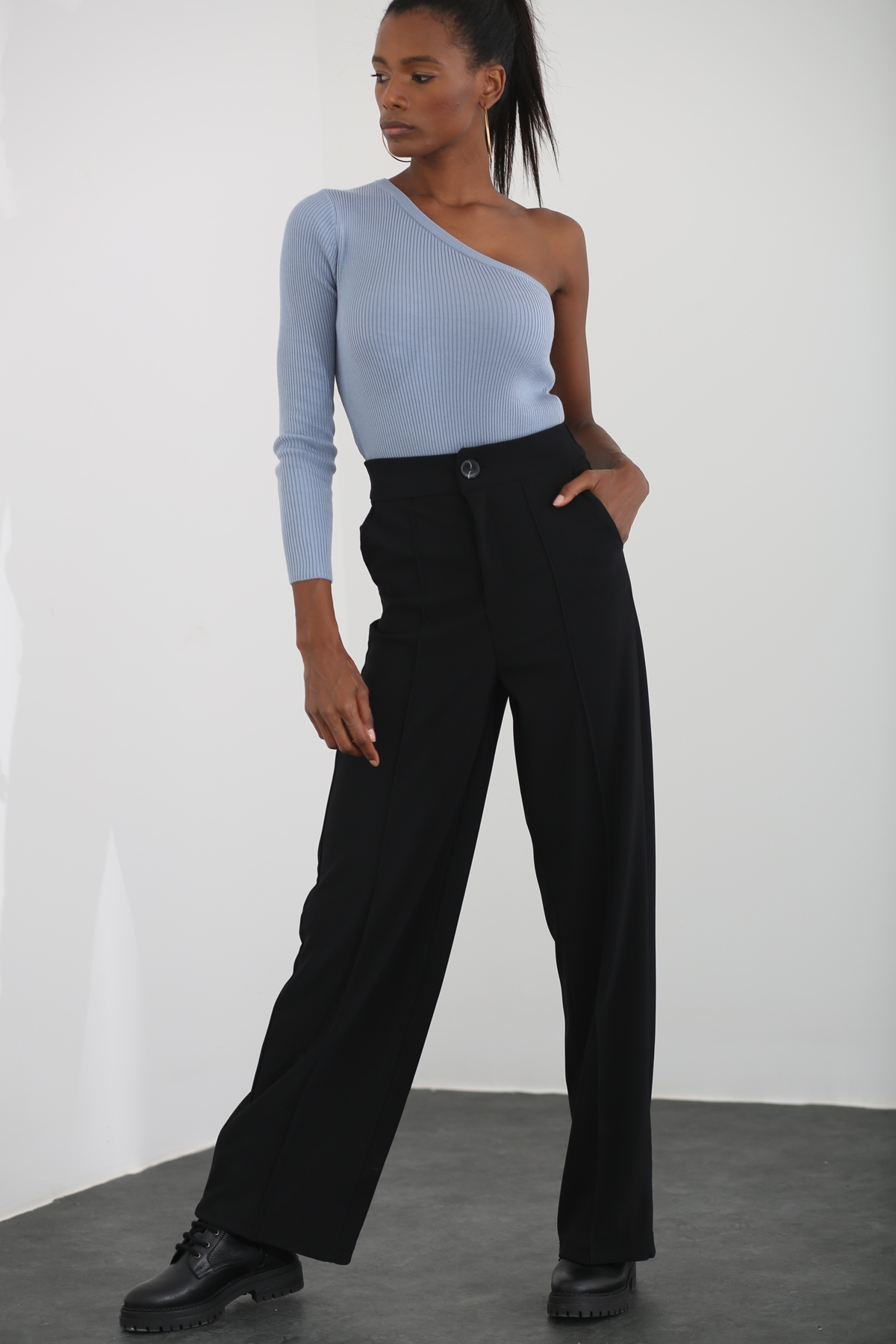 Bebe Mavi Tek Kol Triko Crop T92103