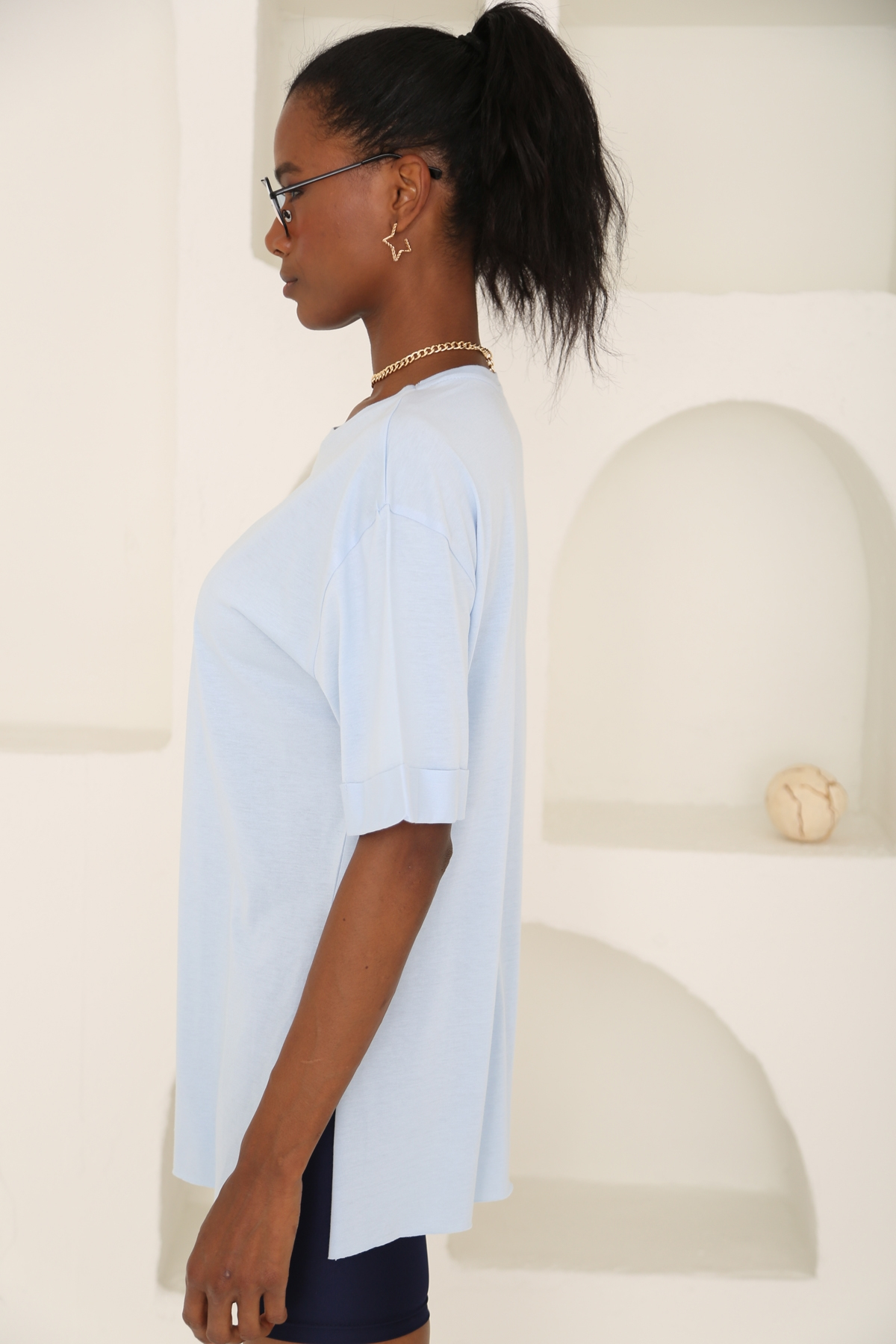 Bebe Mavi Yırtmaçlı Duble Kol Tshirt 3158