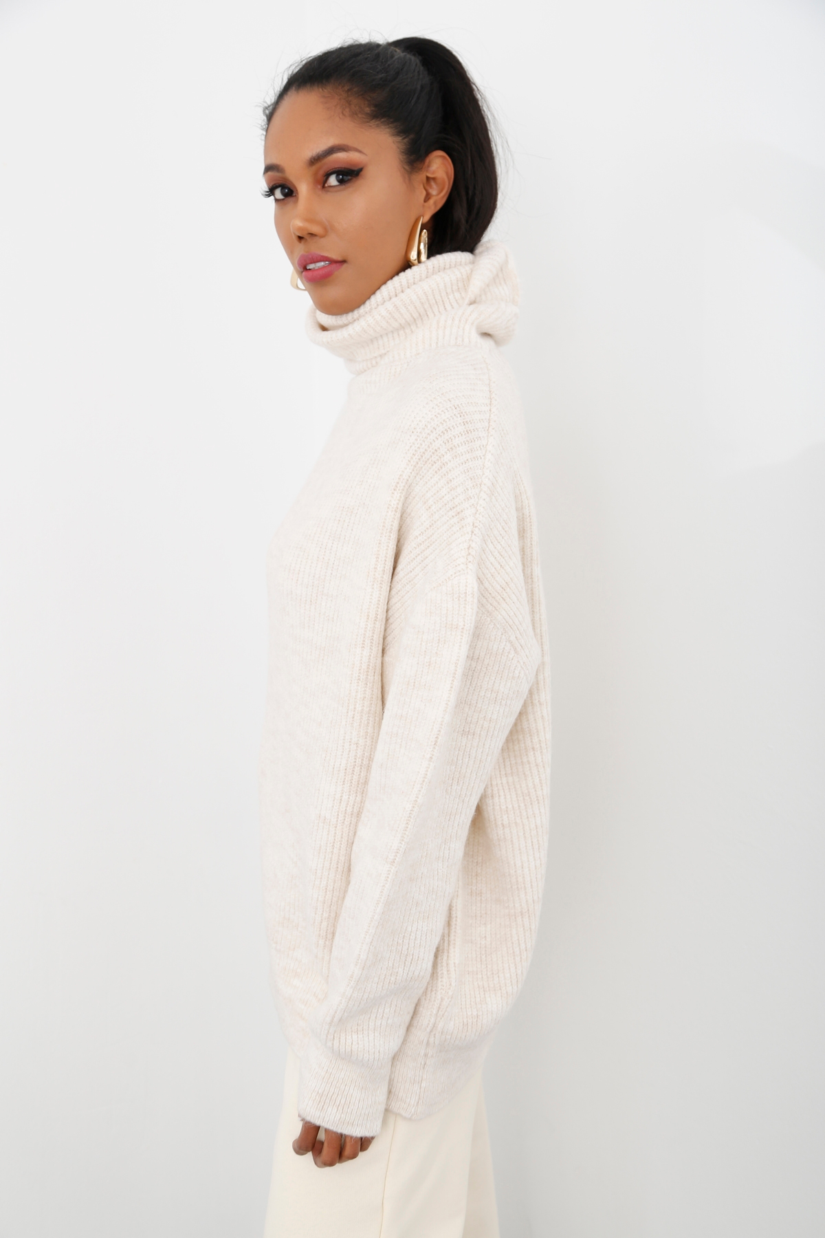 Bej Balıkçı Oversize Kazak 3278