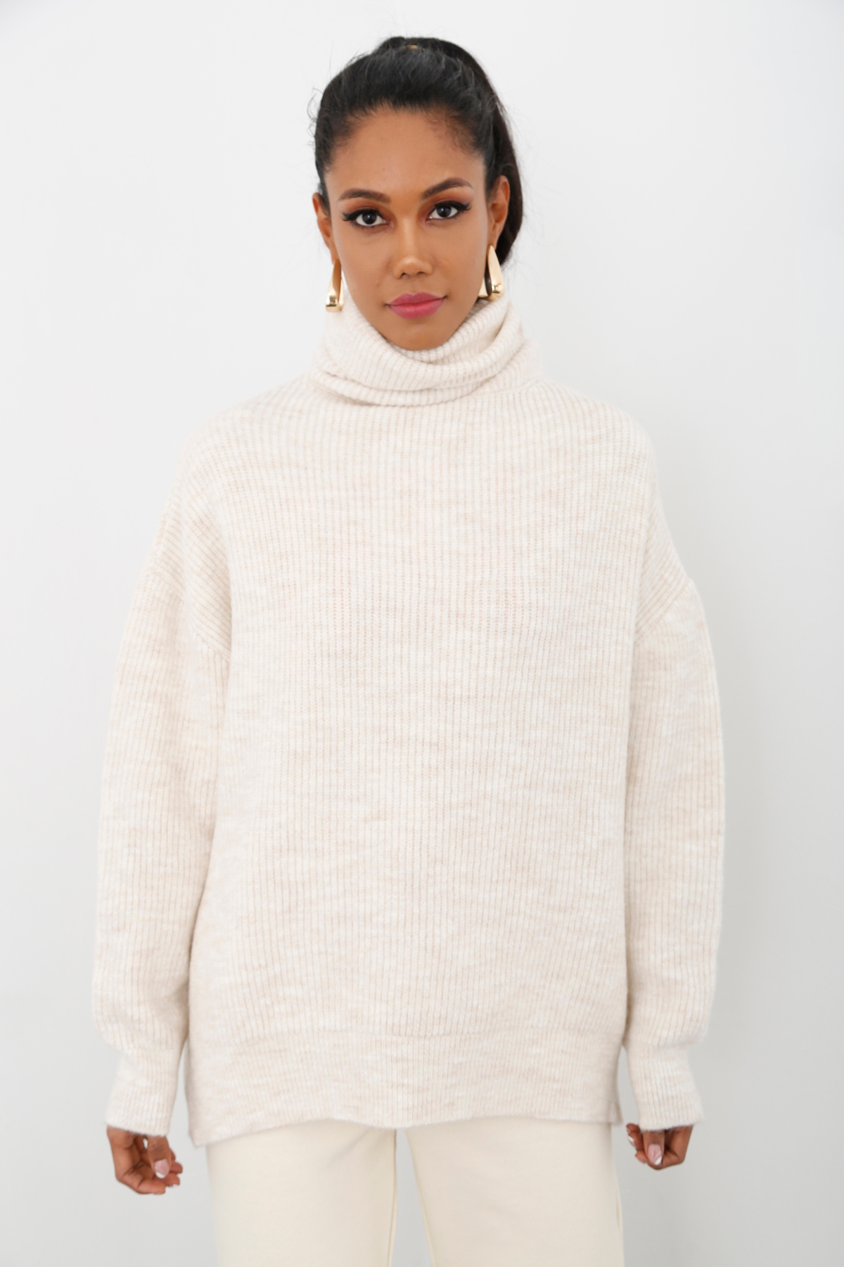 Bej Balıkçı Oversize Kazak 3278