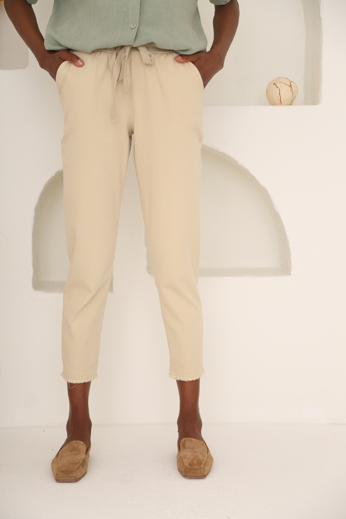 Bej Beli Lastikli Gabardin Pantolon 00104