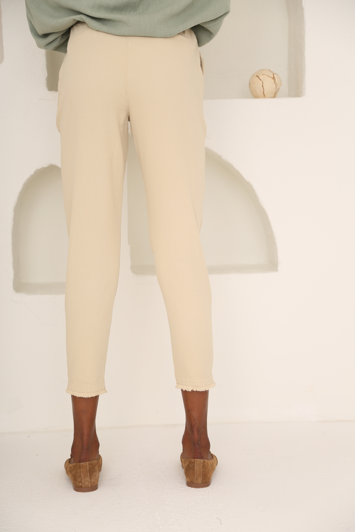 Bej Beli Lastikli Gabardin Pantolon 00104