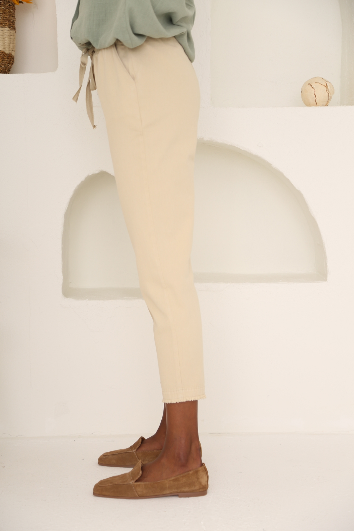 Bej Beli Lastikli Gabardin Pantolon 00104