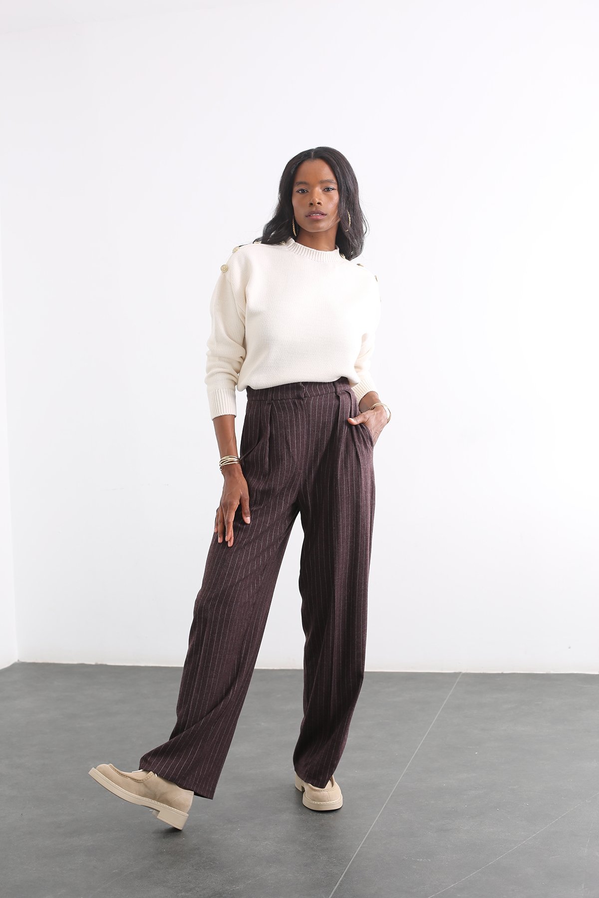 Bej Bisiklet Yaka Gold Düğme Detaylı Kazak 210311