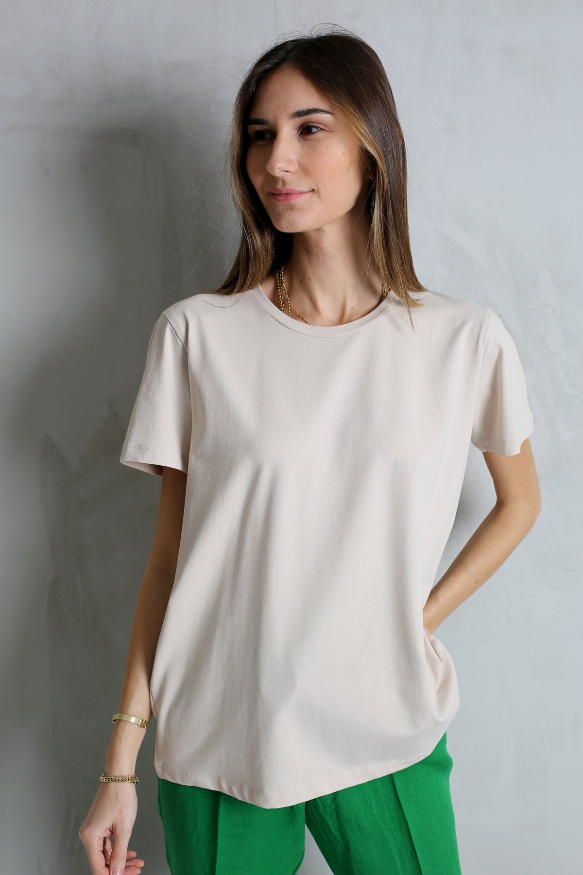 Bej Bisiklet Yaka Tshirt-1005 