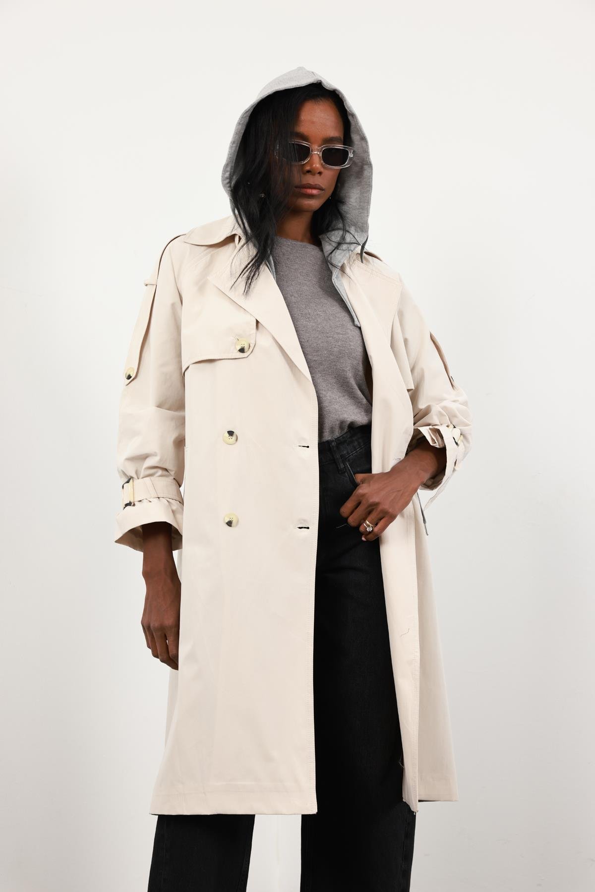 Bej Çıkarılabilir Kapüşonlu Trençkot 87109