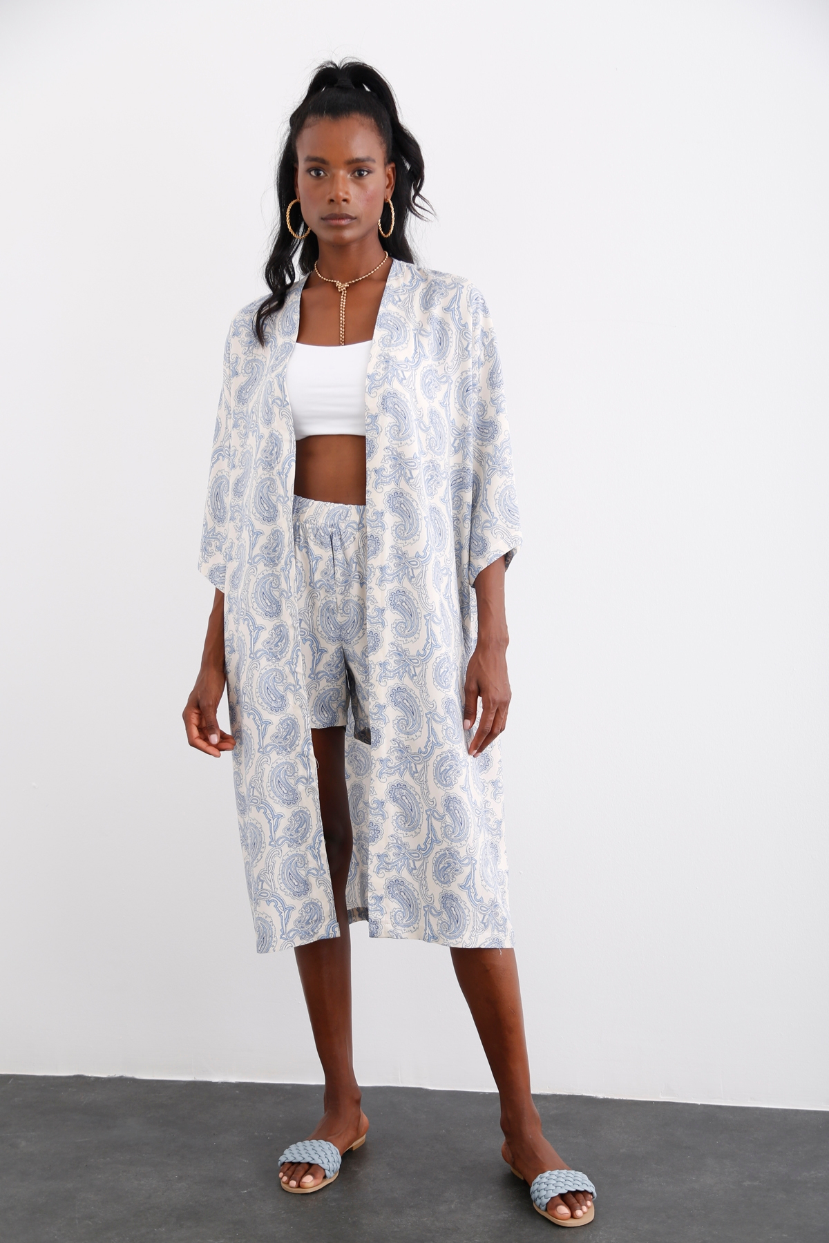 Bej Desenli Şort Takım 30032