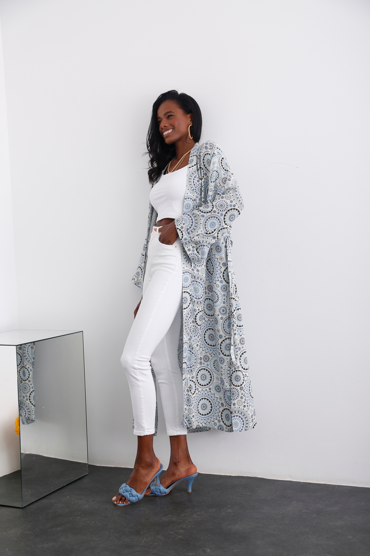 Bej Desenli Yırtmaçlı Kimono 0733