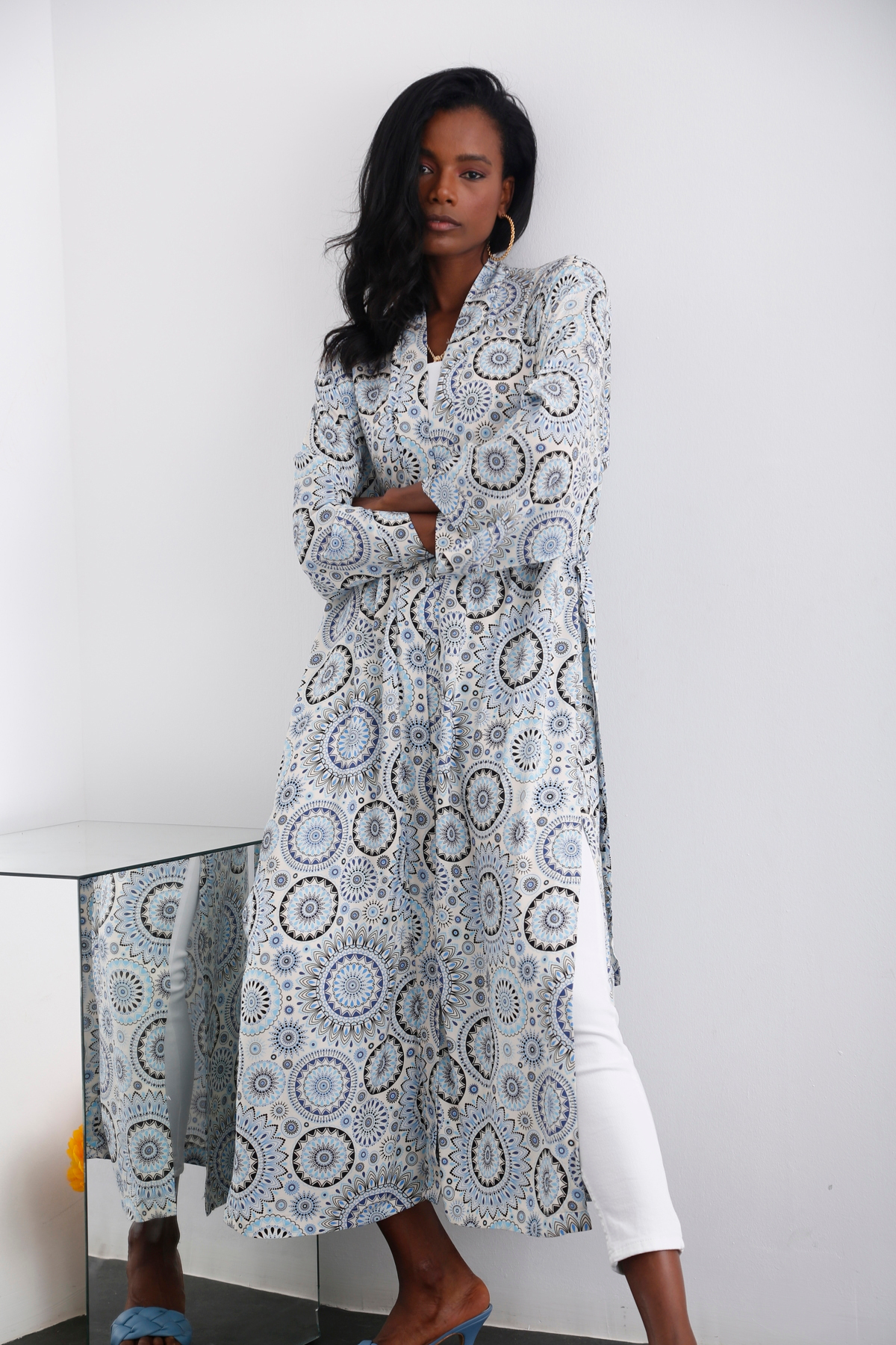 Bej Desenli Yırtmaçlı Kimono 0733