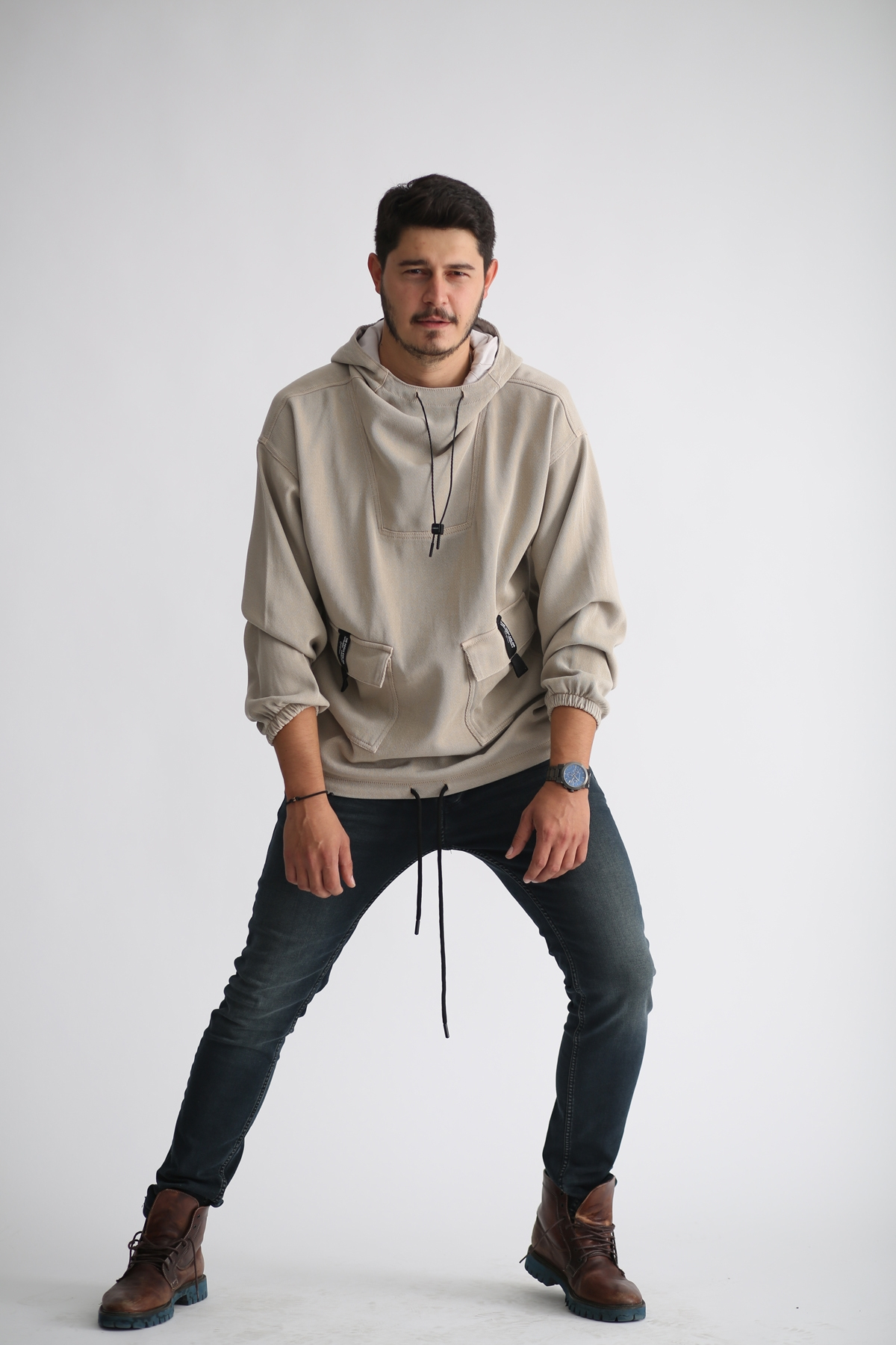 Bej Kapşonlu Jean Sweatshirt 4288
